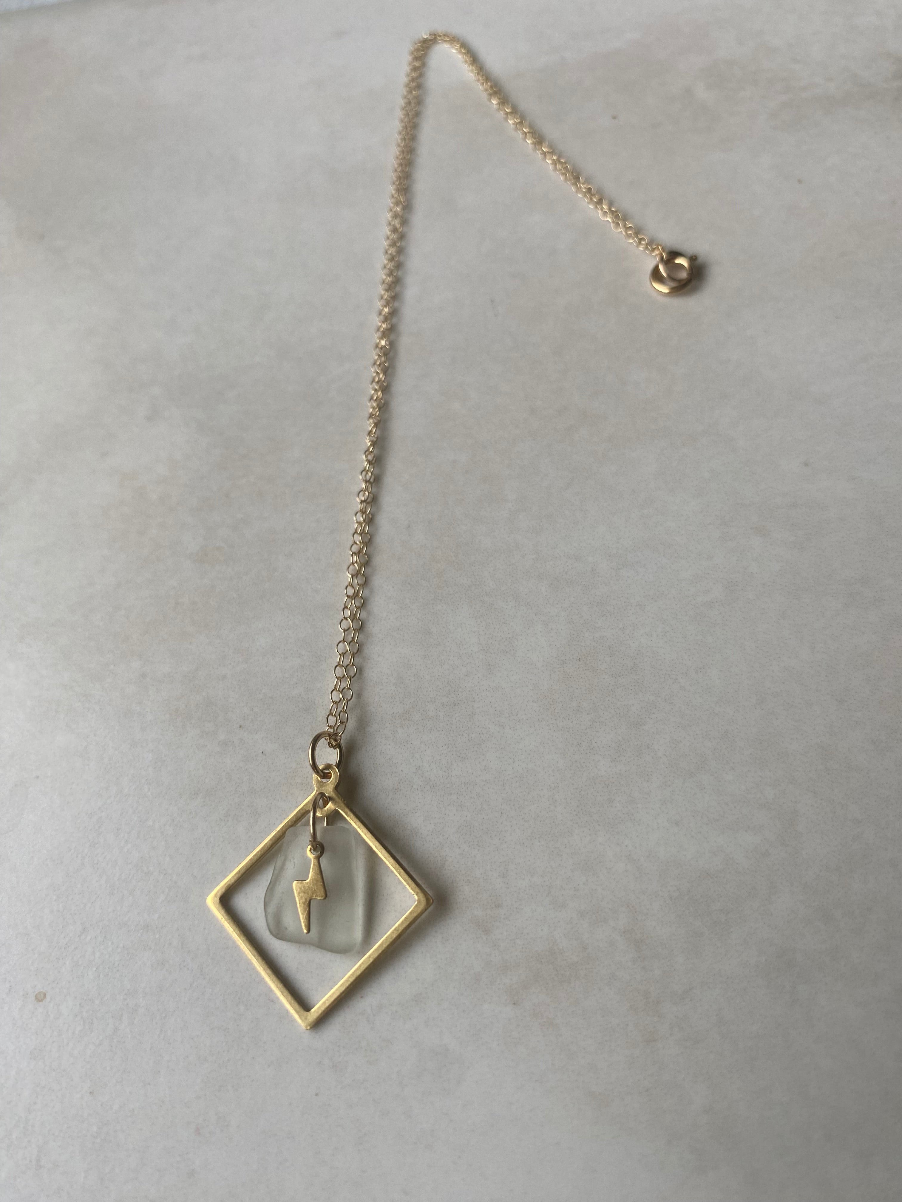 Joy sea glass necklace: Brass bolt & square surround (white sea glass)