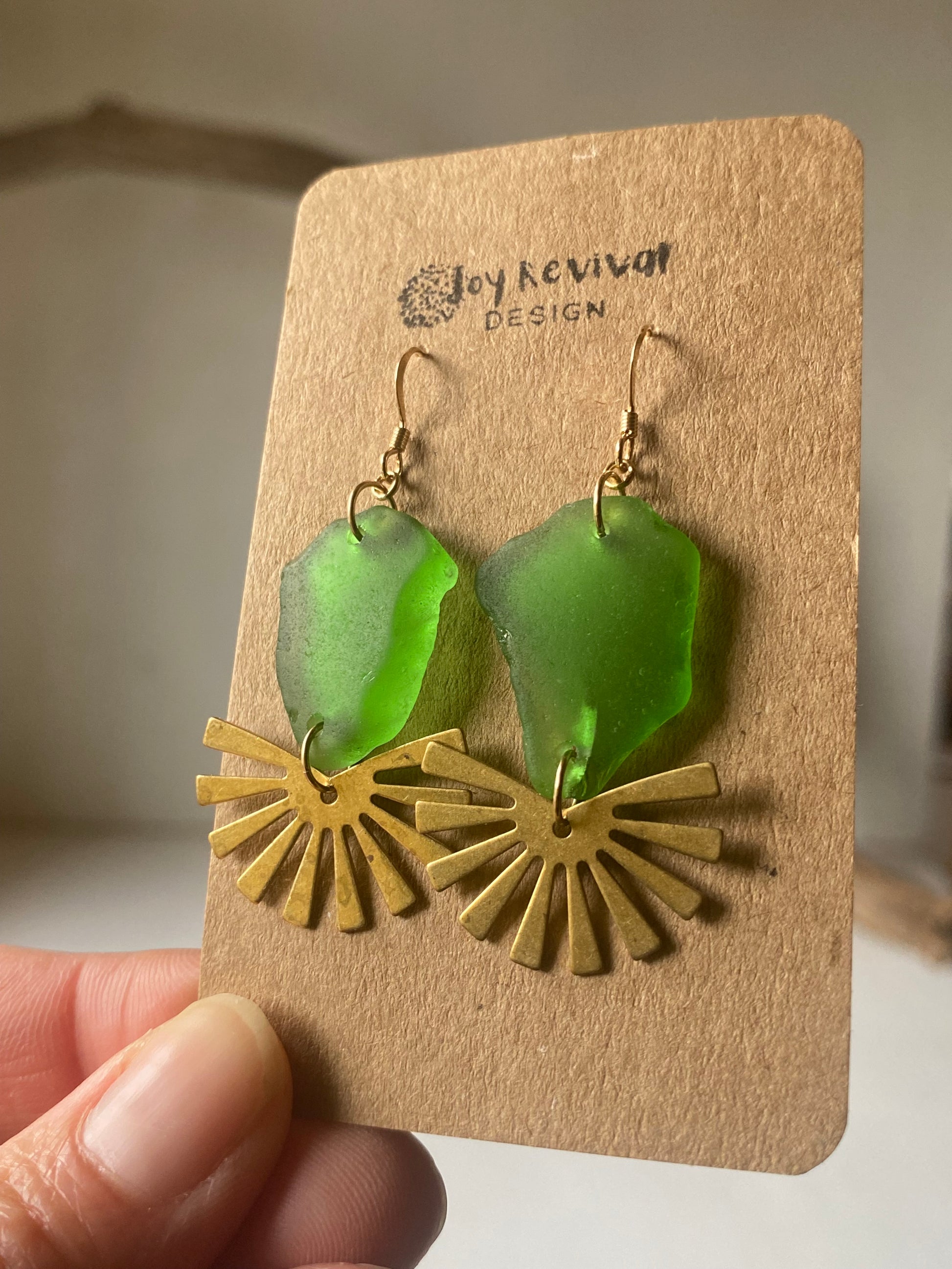 Joy Sea Glass Earrings: Brass Sunburst - vibrant green