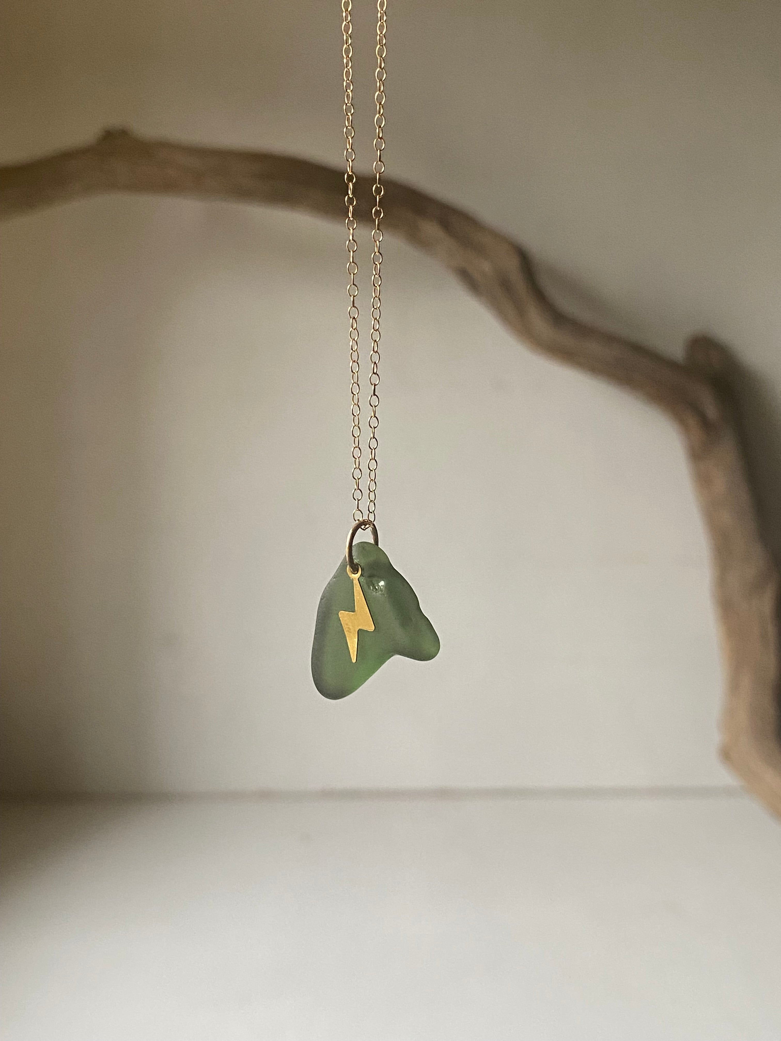 Joy sea glass necklace: Brass lightening bolt (green)