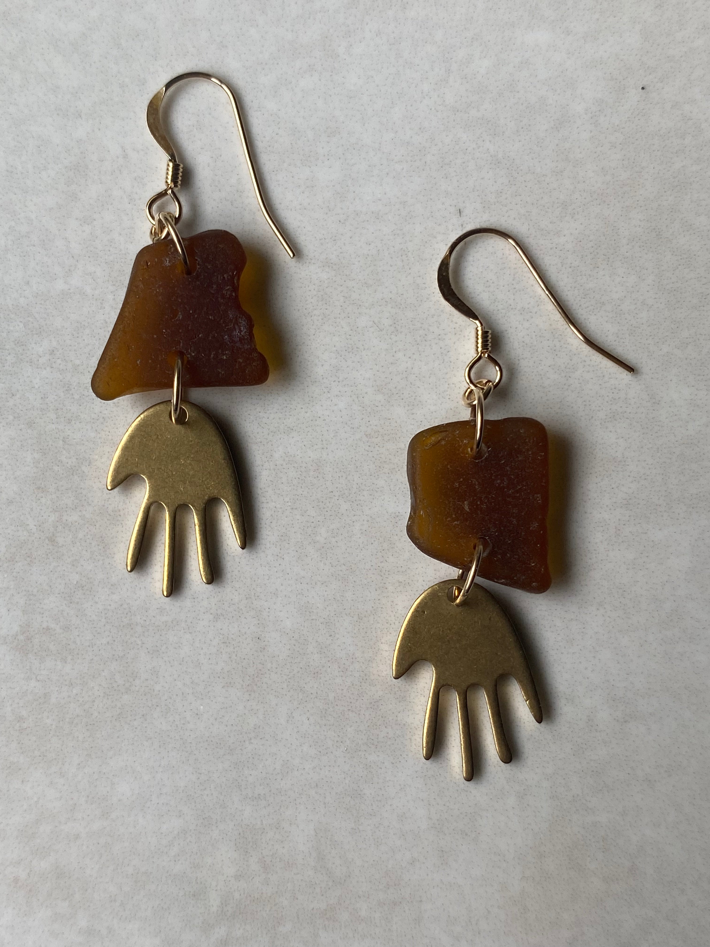 Joy Sea Glass Earrings - Brass Hands - bronze