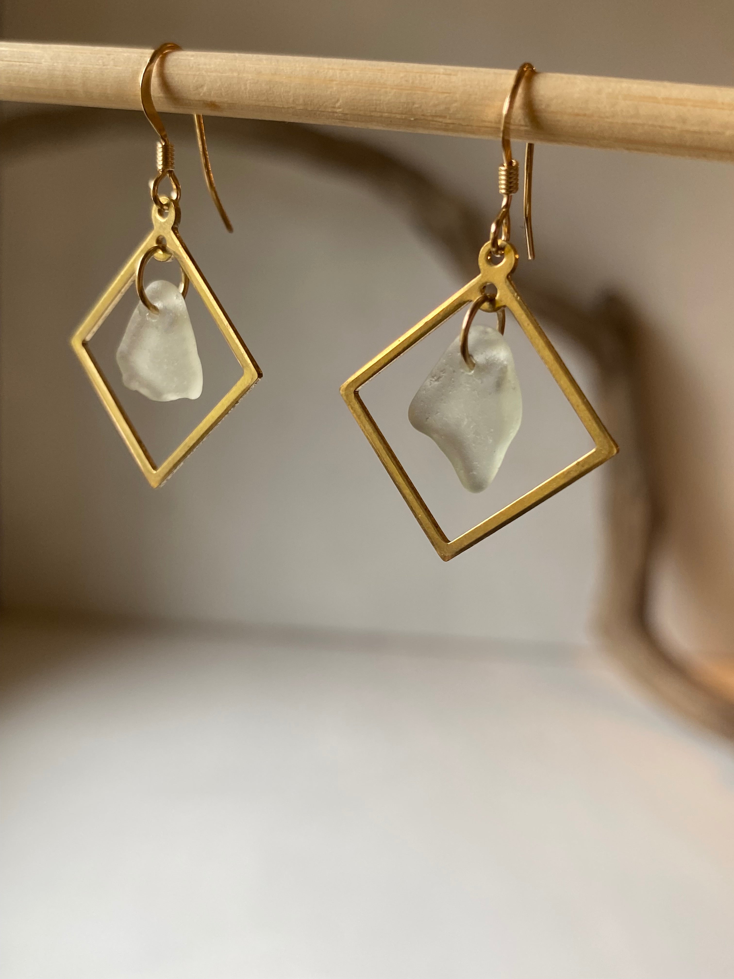 Joy Sea Glass Earrings: Brass squares - white