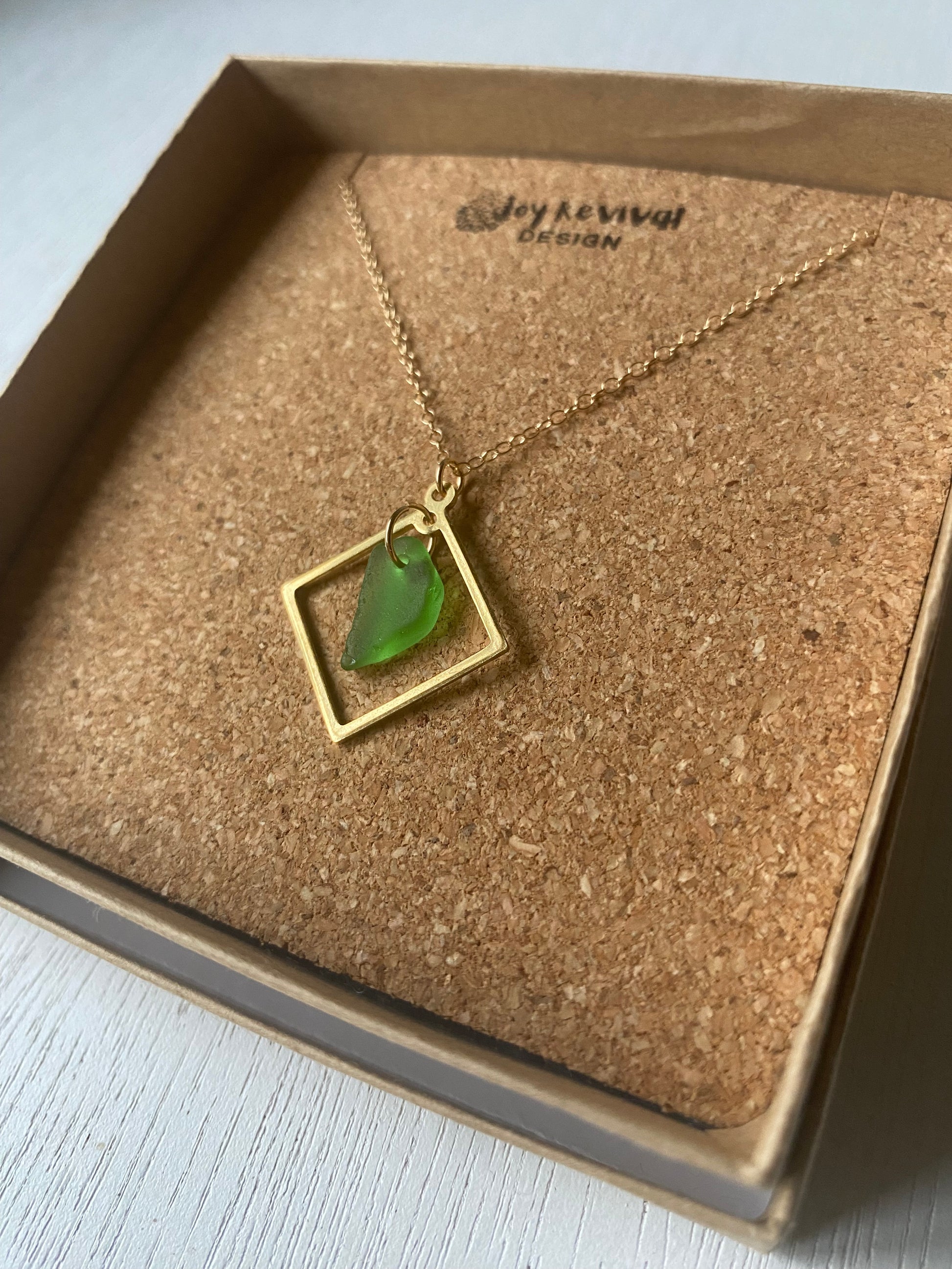 Joy sea glass necklace: Brass square (vibrant green)