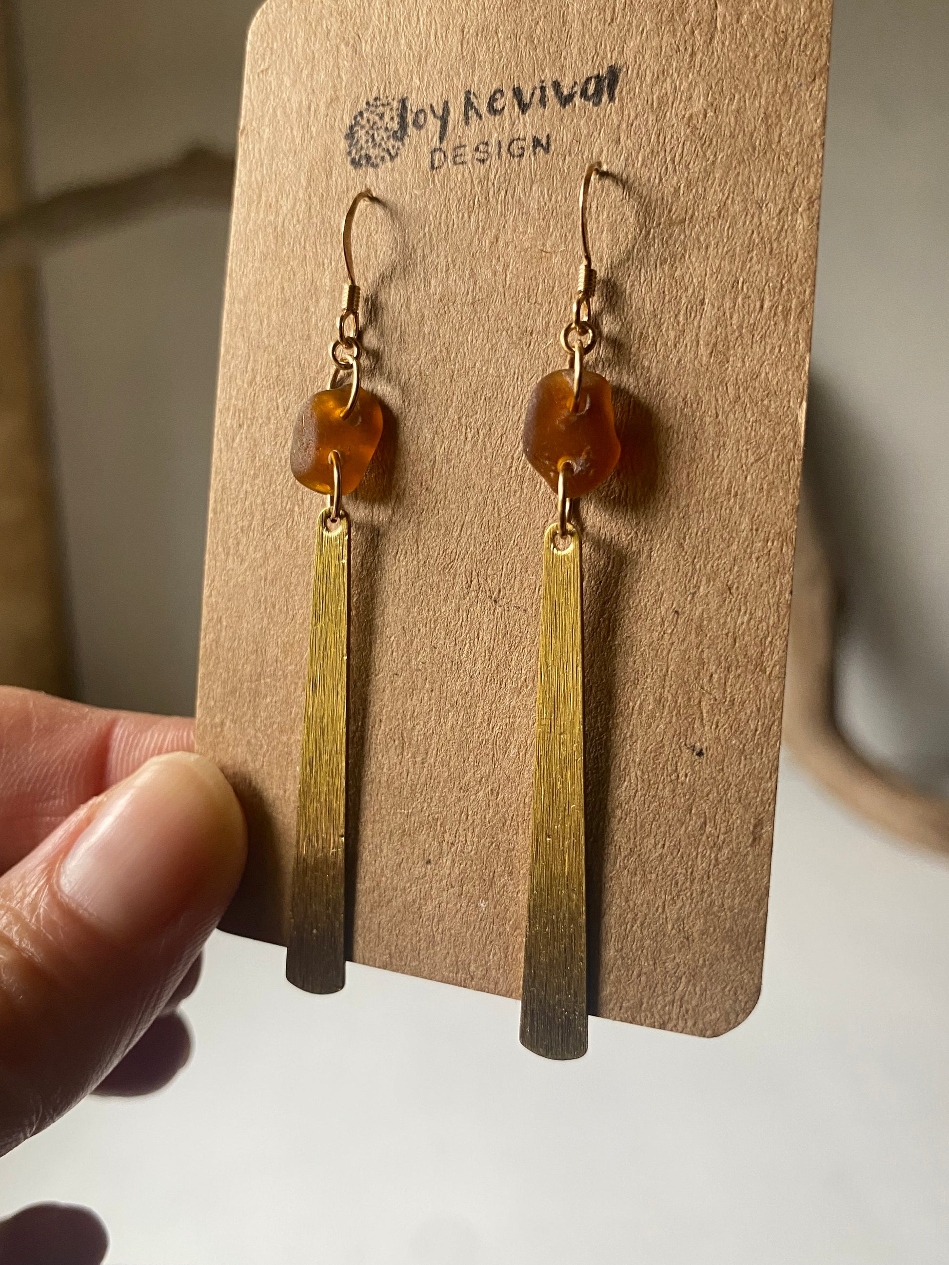 Joy Sea Glass Earrings: Brass tear drops -bronze sea glass