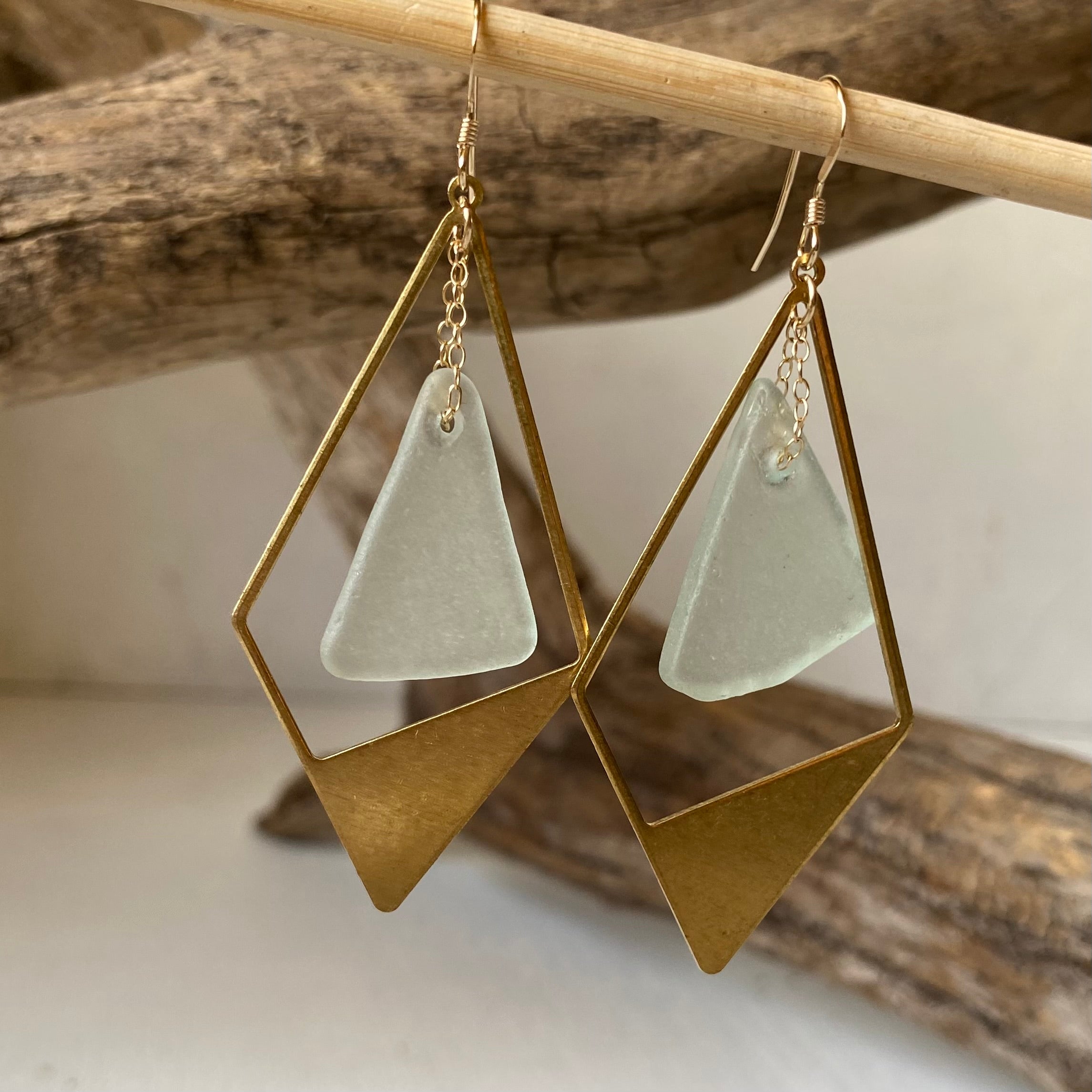 Joy Sea Glass Earrings - Brass Rhombus - clear
