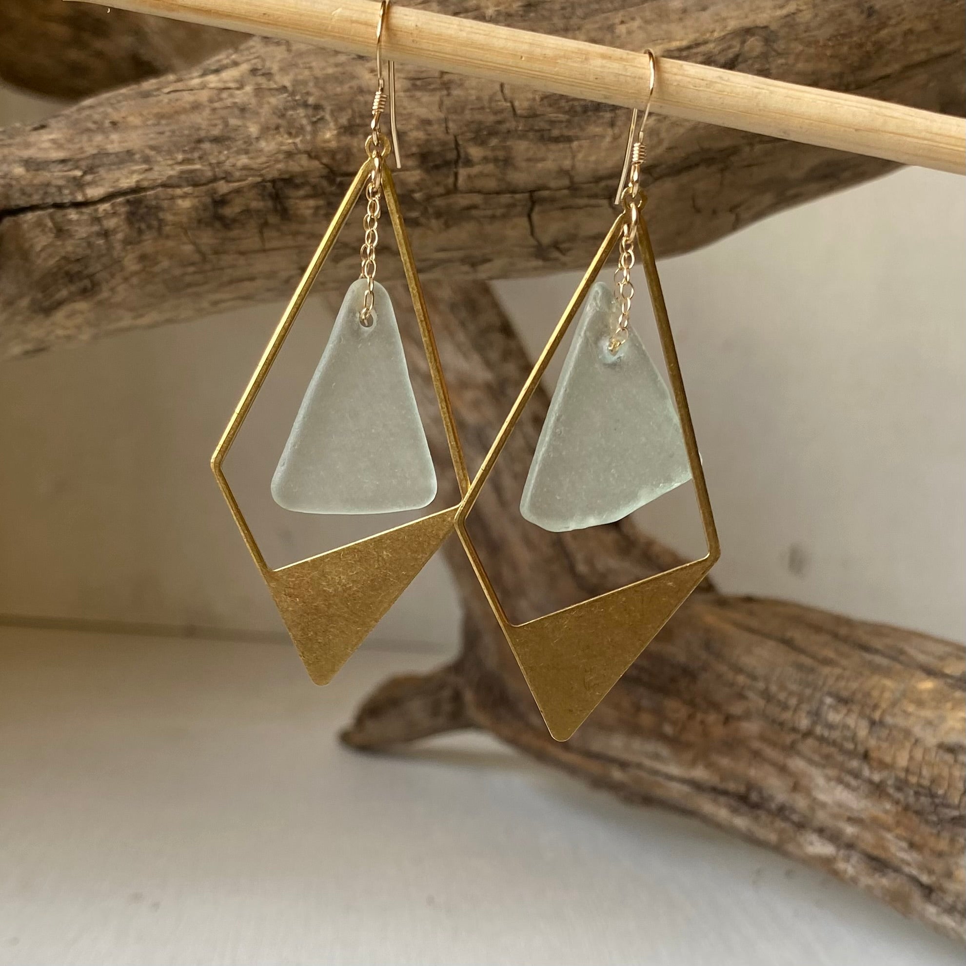 Joy Sea Glass Earrings - Brass Rhombus - clear