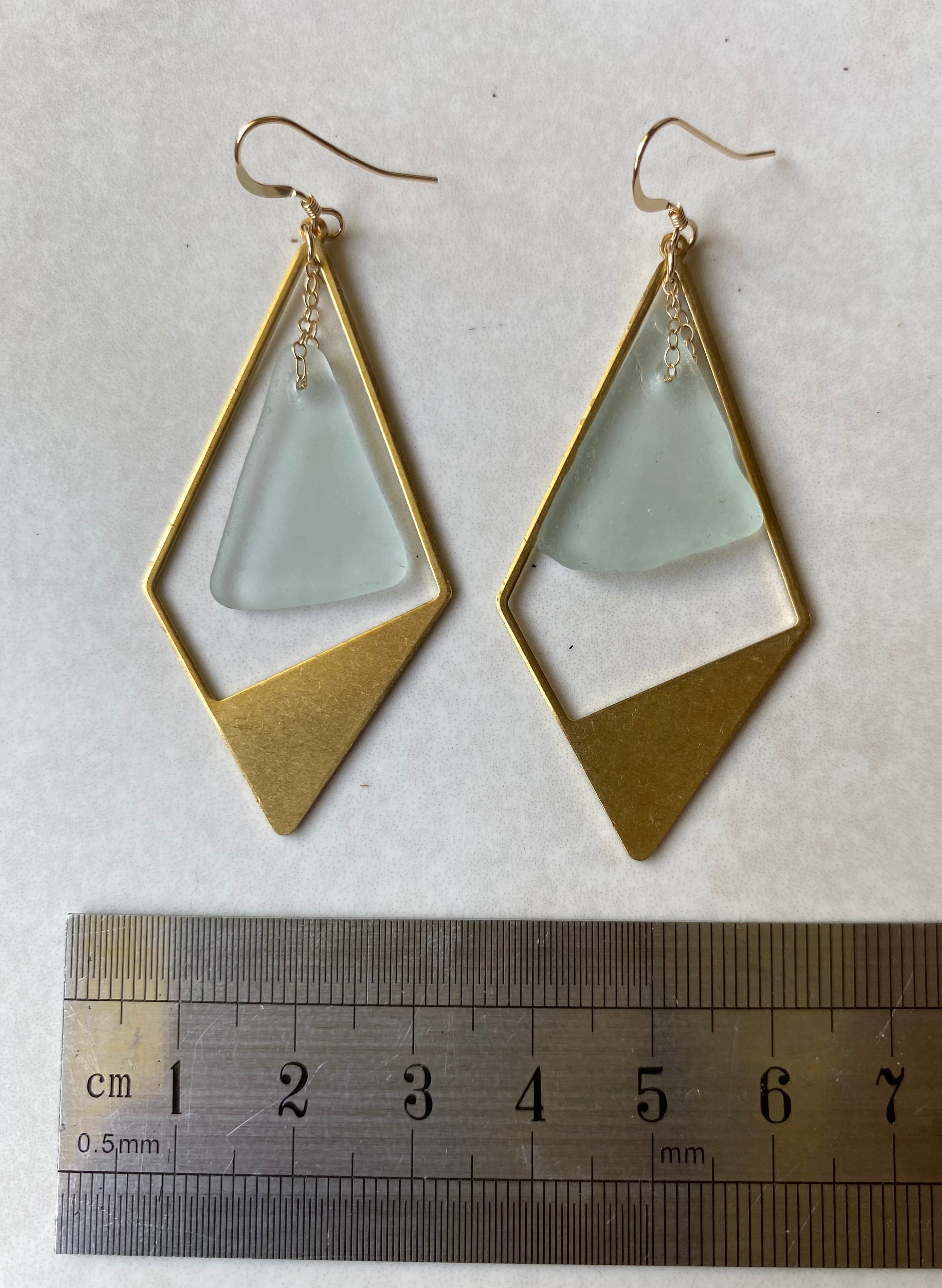 Joy Sea Glass Earrings - Brass Rhombus - clear