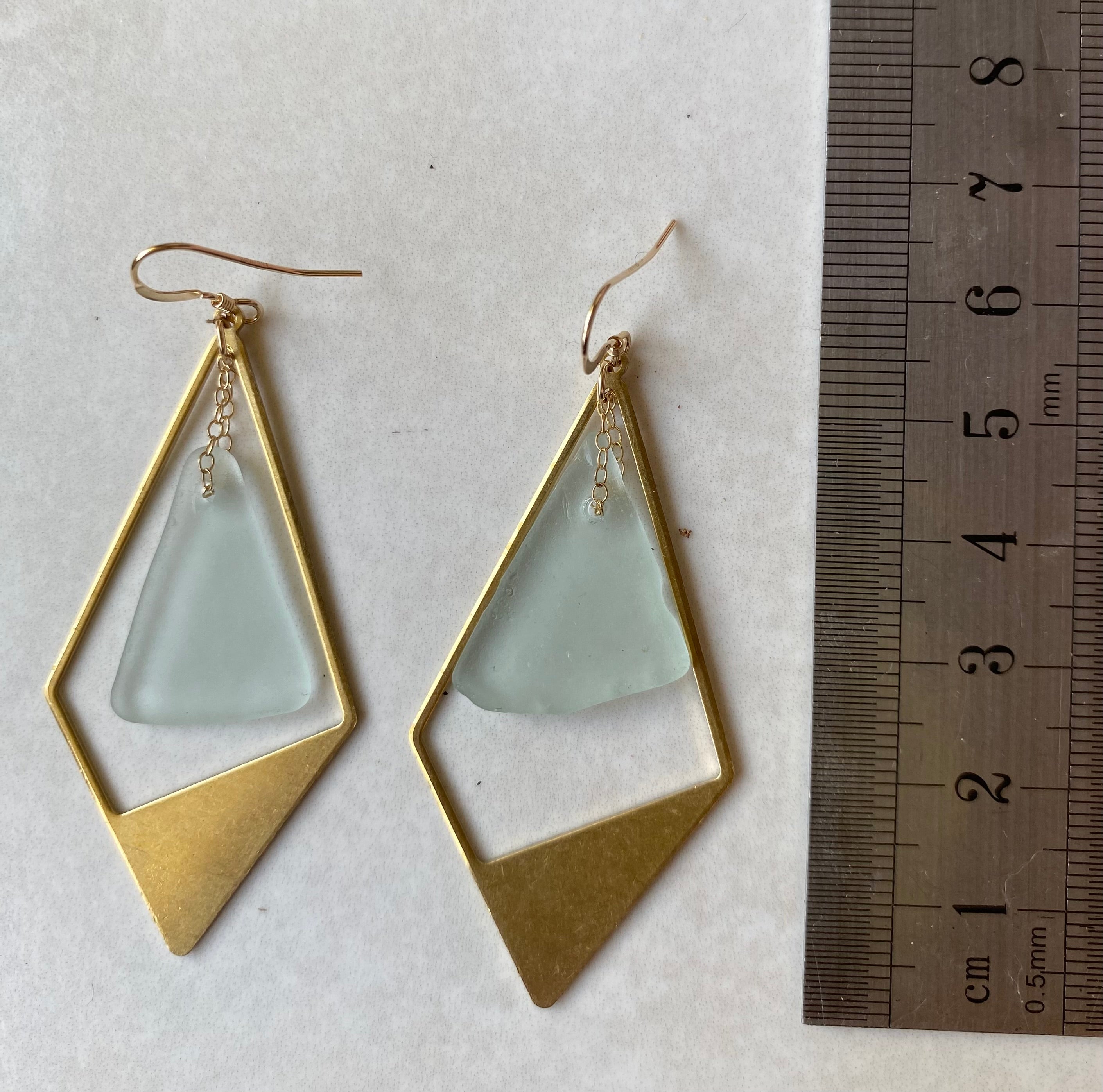 Joy Sea Glass Earrings - Brass Rhombus - clear