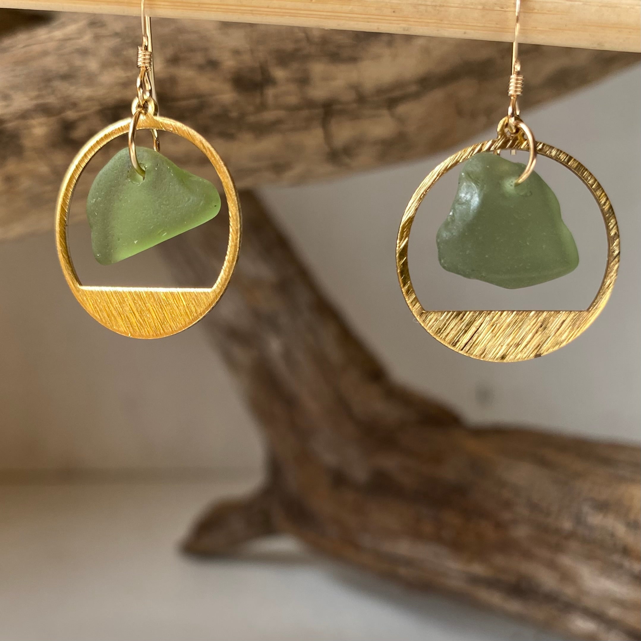 Joy Sea Glass Earrings: Brass Textured circles - green