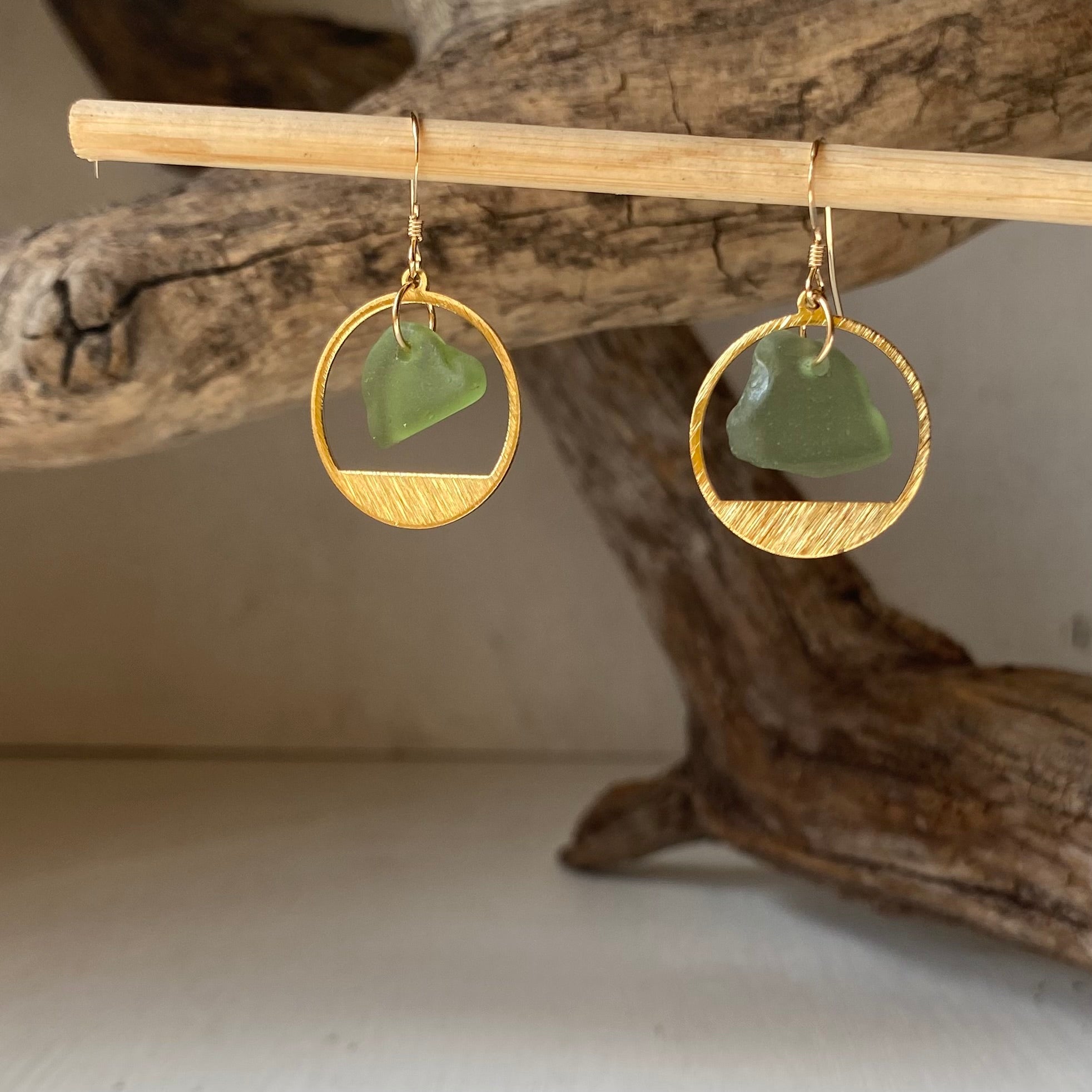 Joy Sea Glass Earrings: Brass Textured circles - green