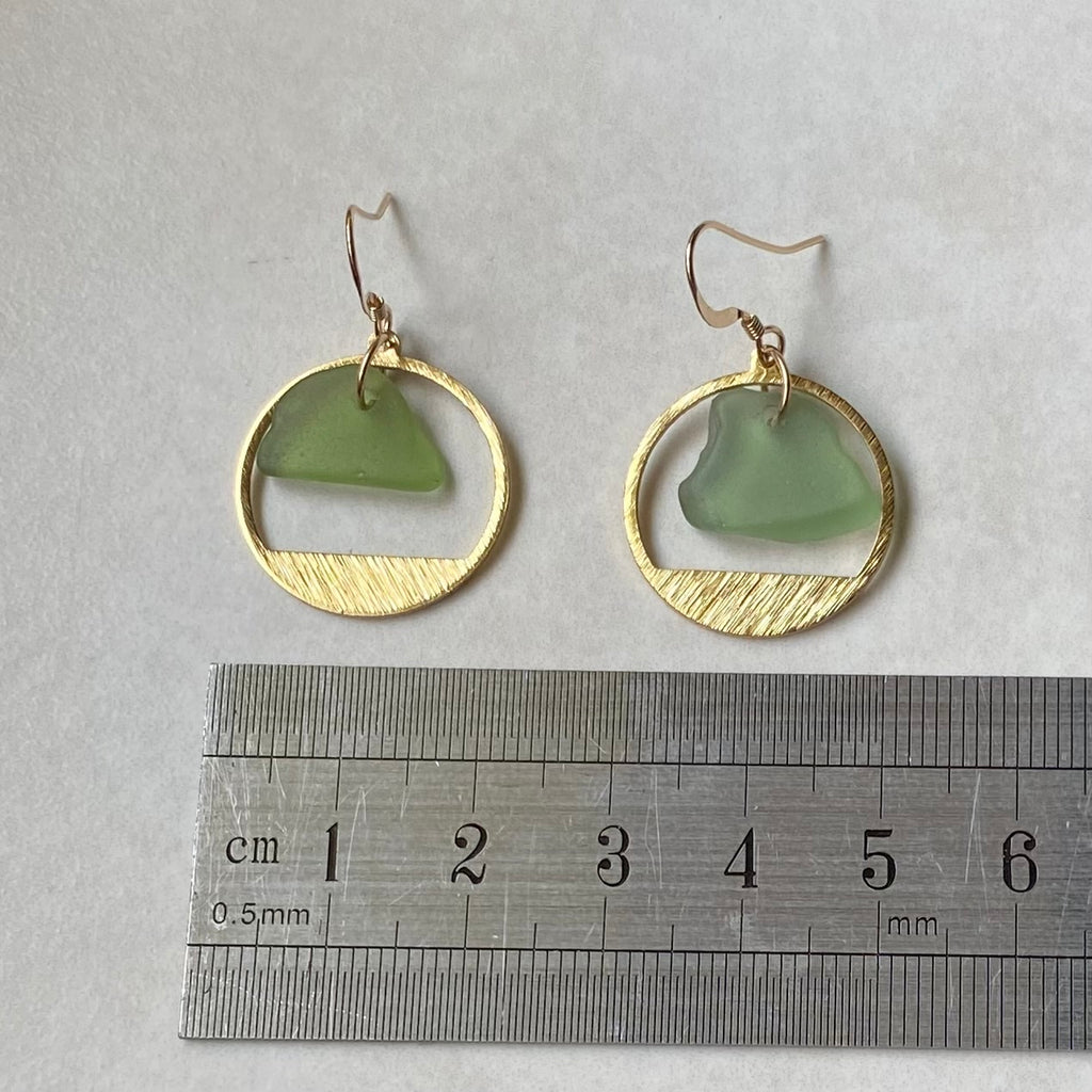 Joy Sea Glass Earrings: Brass Textured circles - green