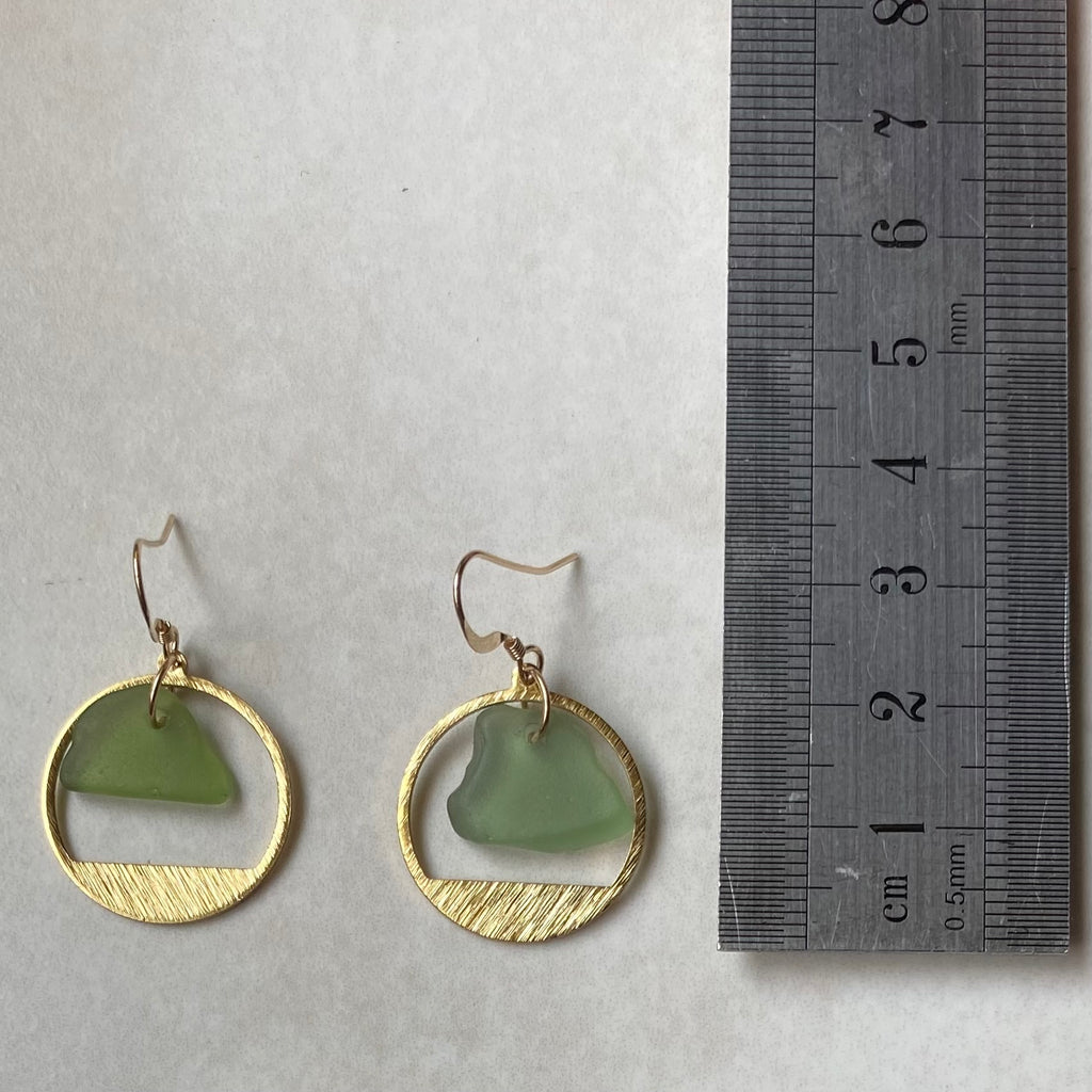 Joy Sea Glass Earrings: Brass Textured circles - green