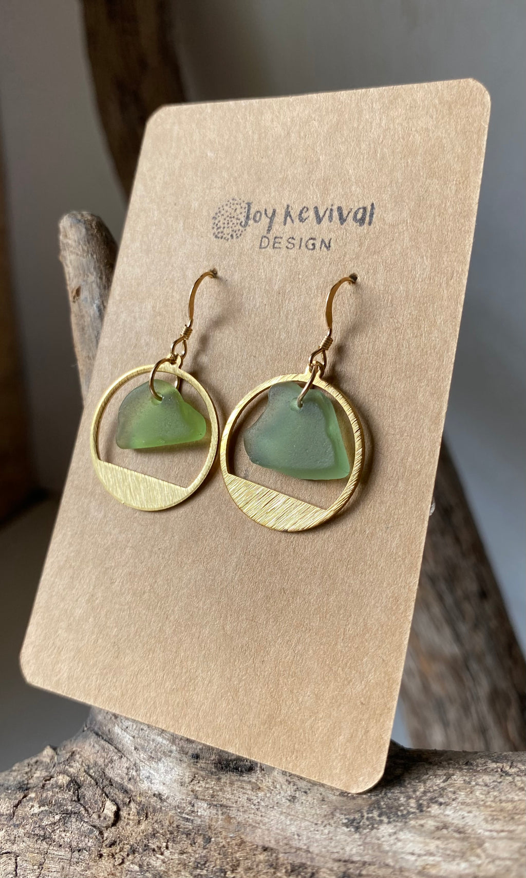 Joy Sea Glass Earrings: Brass Textured circles - green