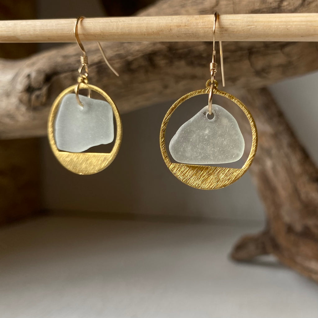 Joy Sea Glass Earrings: Brass textured circles -clear sea glass