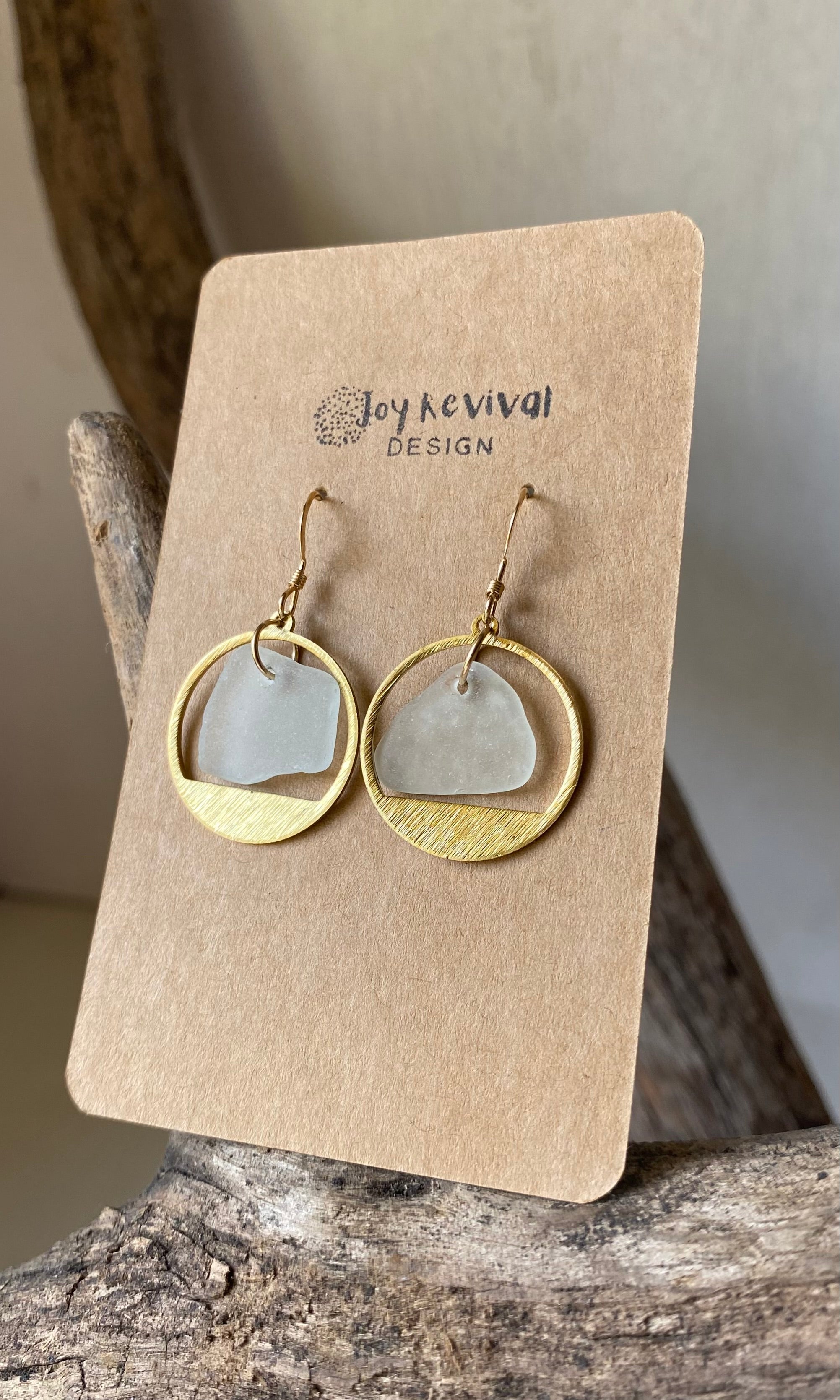 Joy Sea Glass Earrings: Brass textured circles -clear sea glass