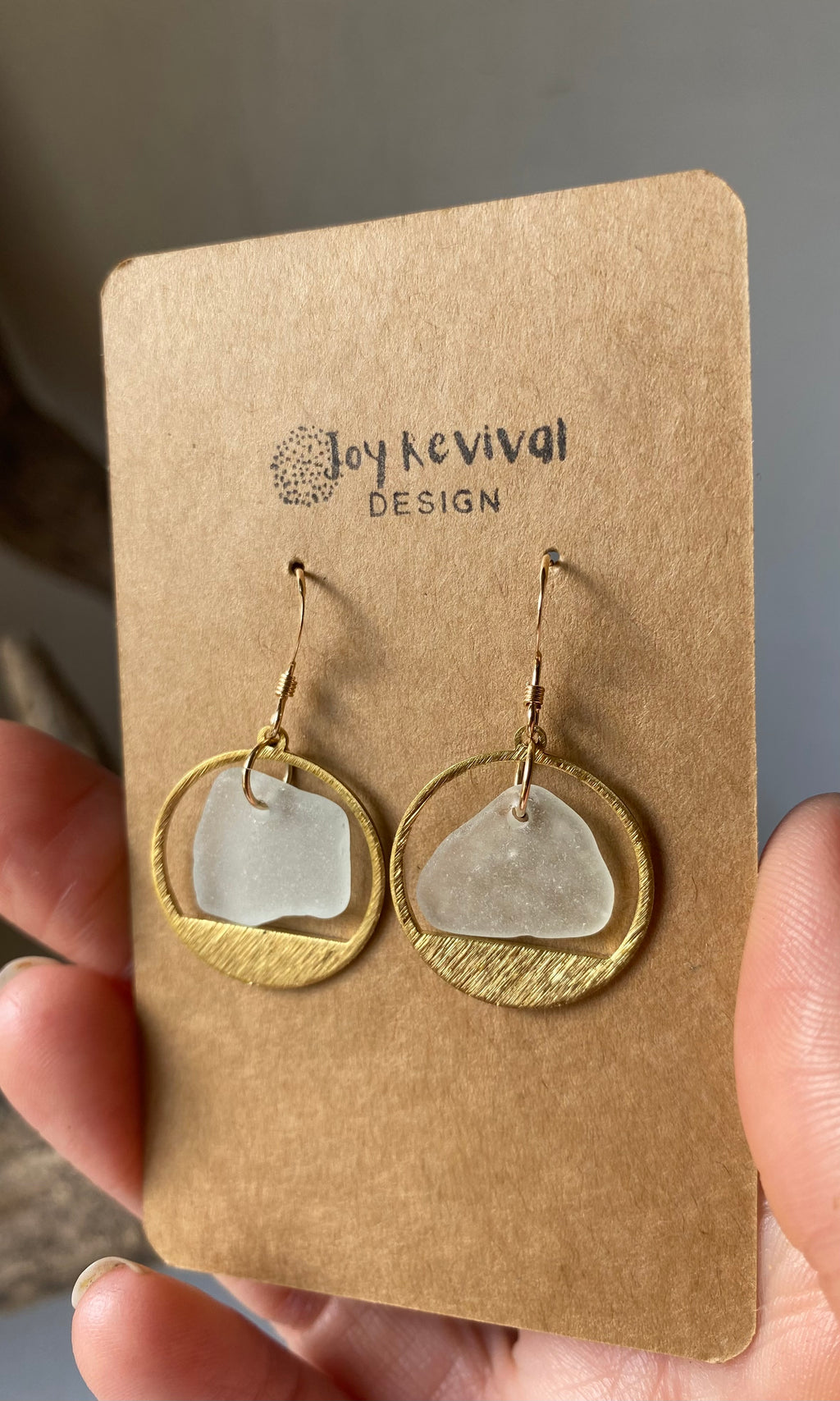 Joy Sea Glass Earrings: Brass textured circles -clear sea glass
