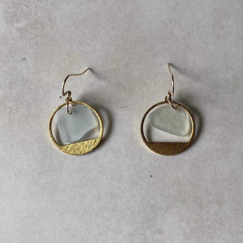 Joy Sea Glass Earrings: Brass textured circles -clear sea glass