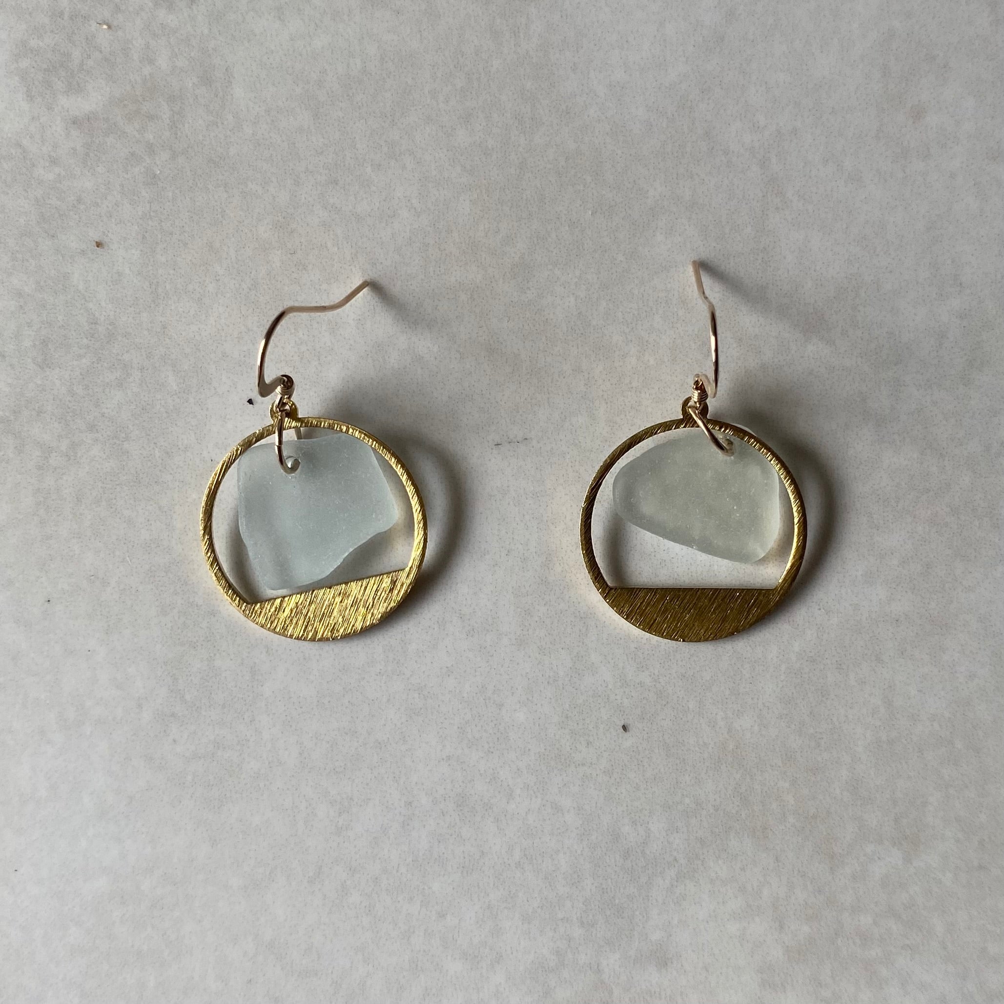 Joy Sea Glass Earrings: Brass textured circles -clear sea glass