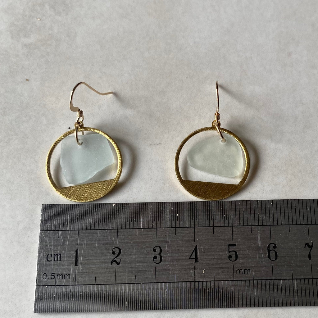 Joy Sea Glass Earrings: Brass textured circles -clear sea glass
