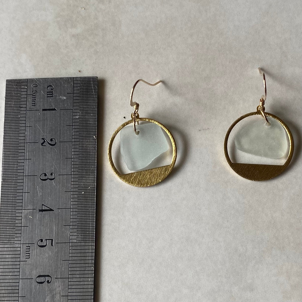 Joy Sea Glass Earrings: Brass textured circles -clear sea glass
