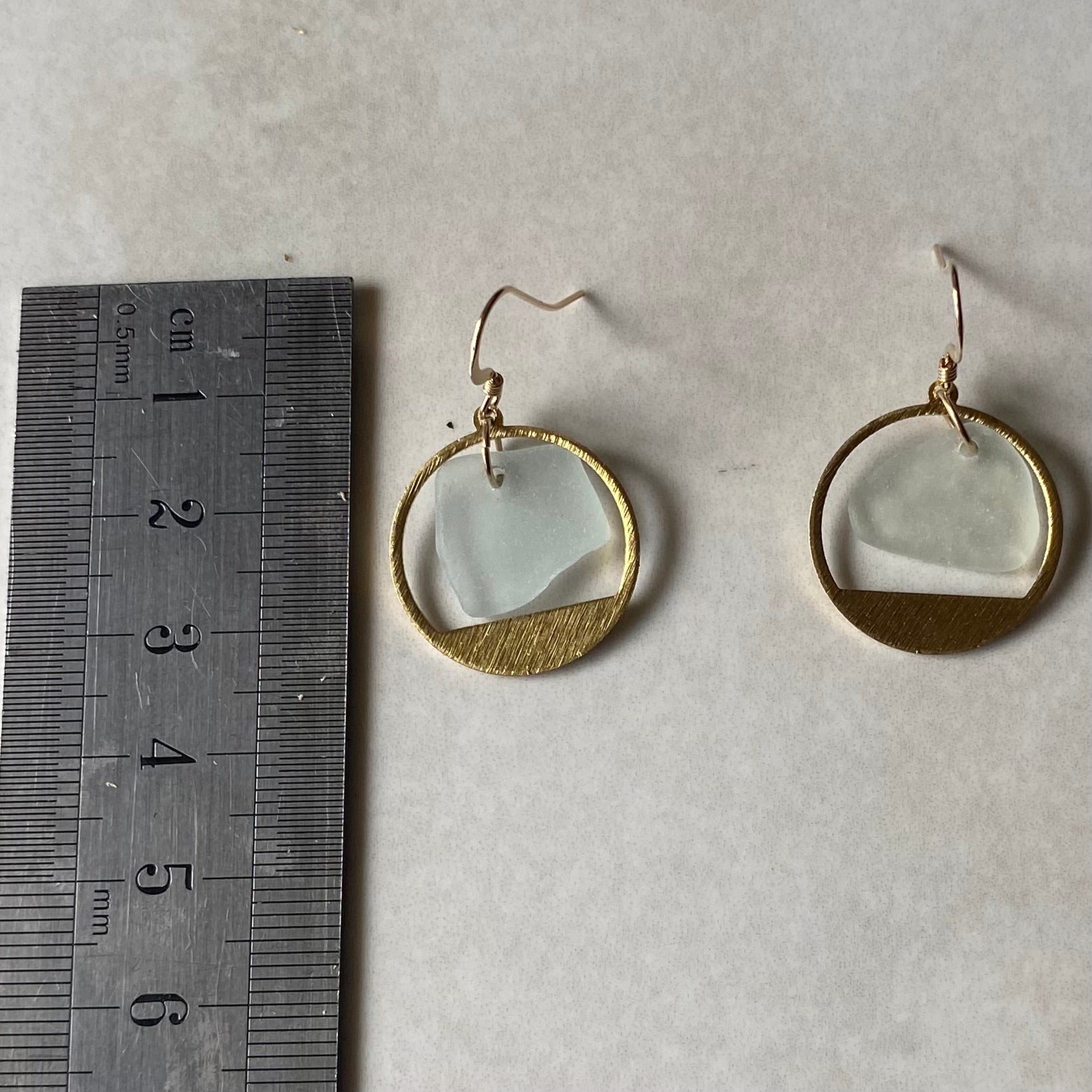Joy Sea Glass Earrings: Brass textured circles -clear sea glass