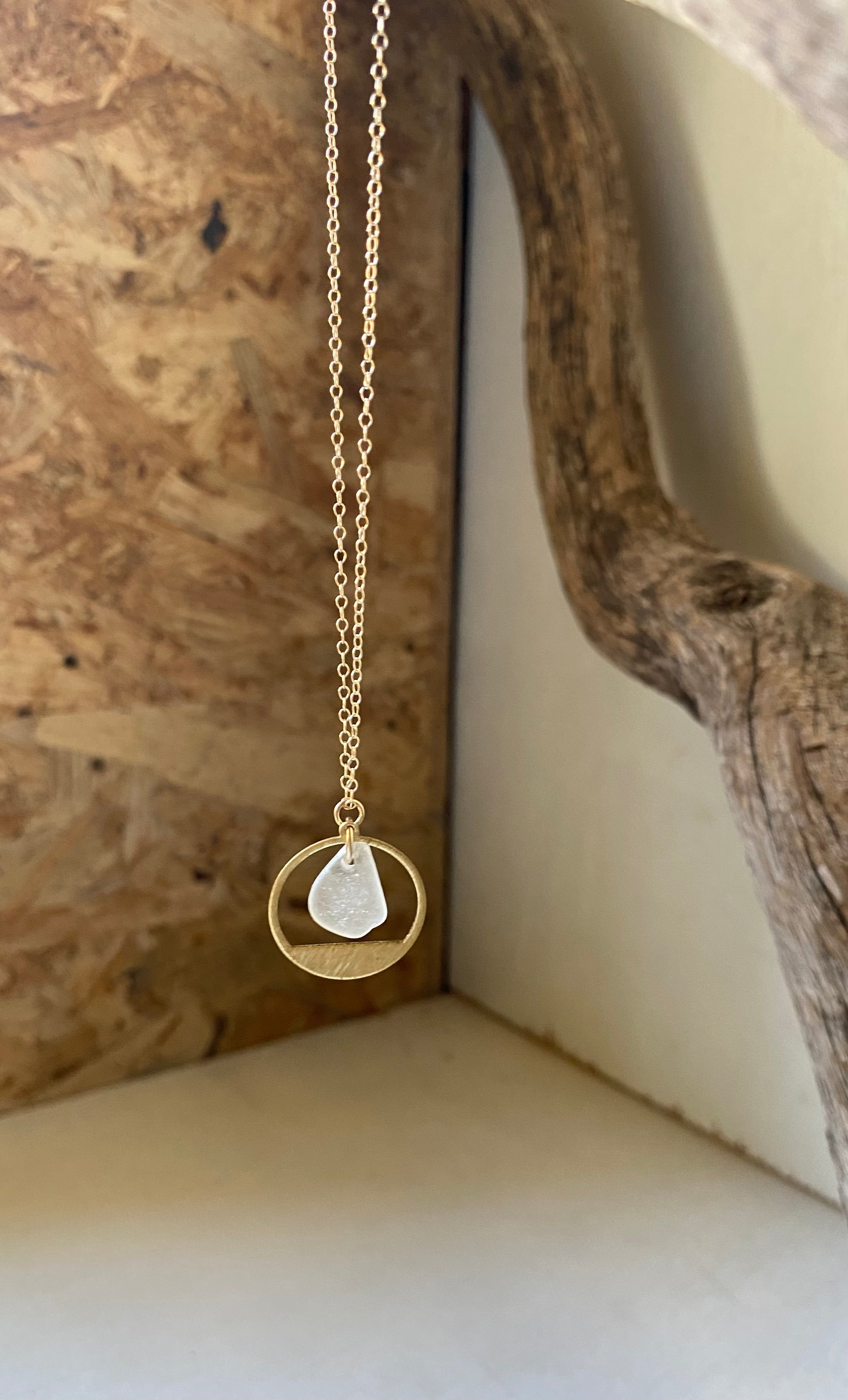 Joy sea glass necklace: Brass textured circle (white)