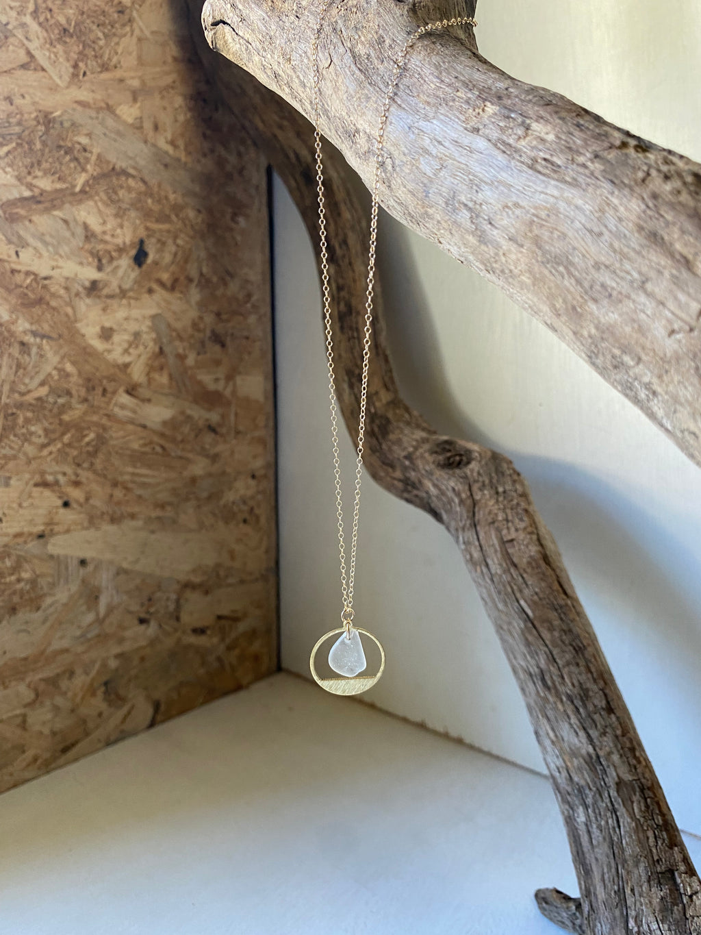 Joy sea glass necklace: Brass textured circle (white)