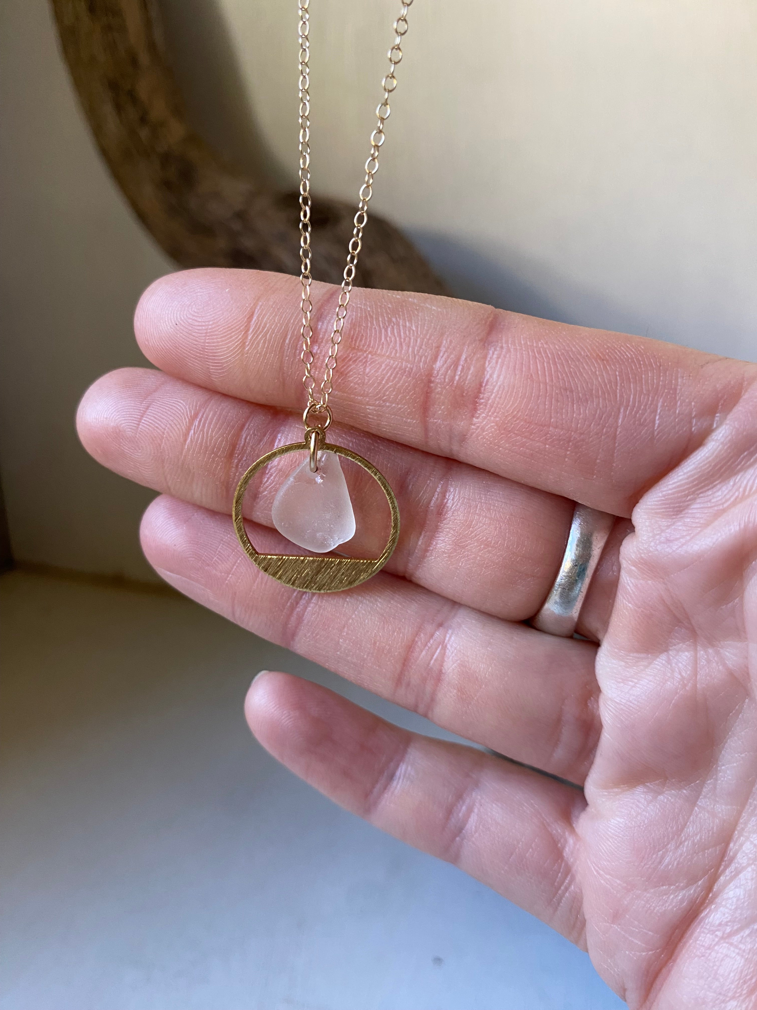 Joy sea glass necklace: Brass textured circle (white)