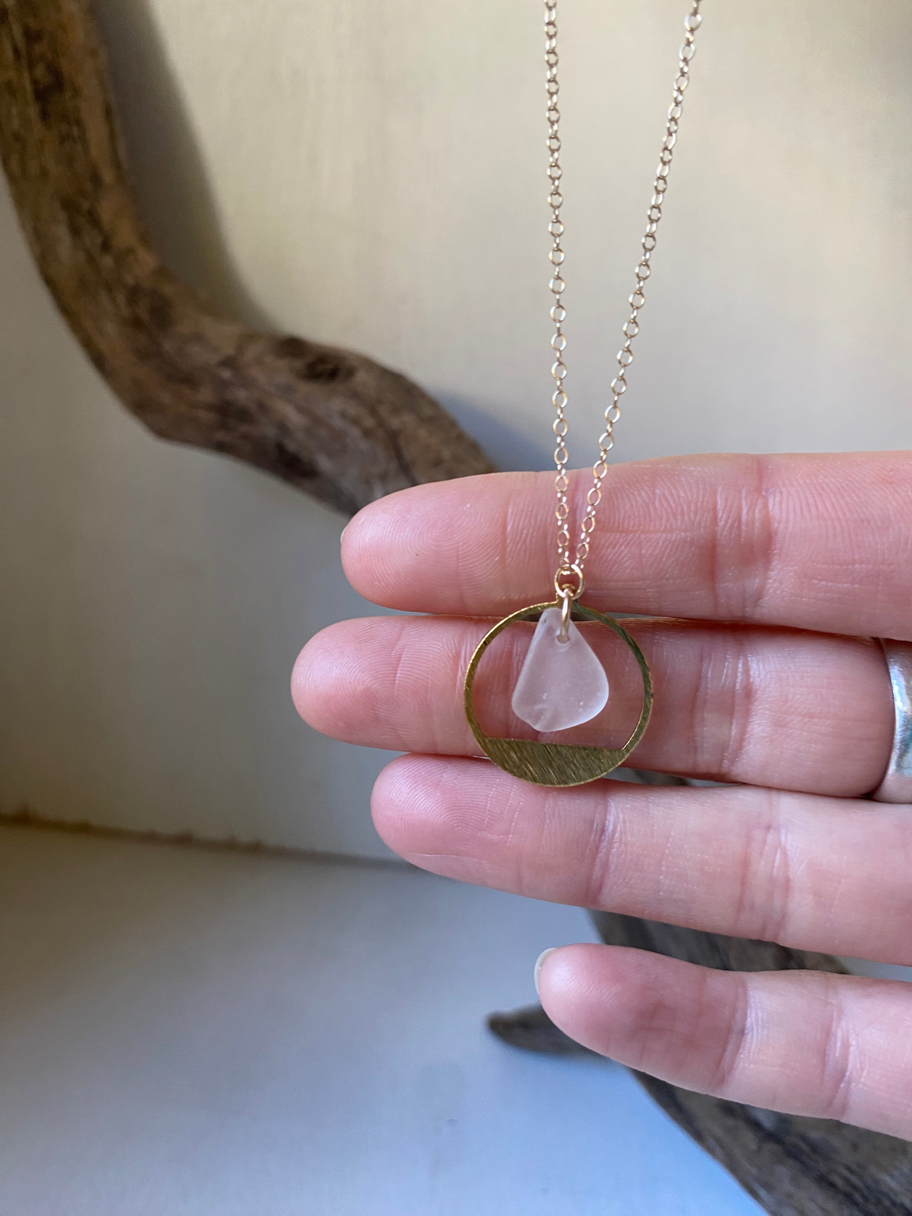Joy sea glass necklace: Brass textured circle (white)