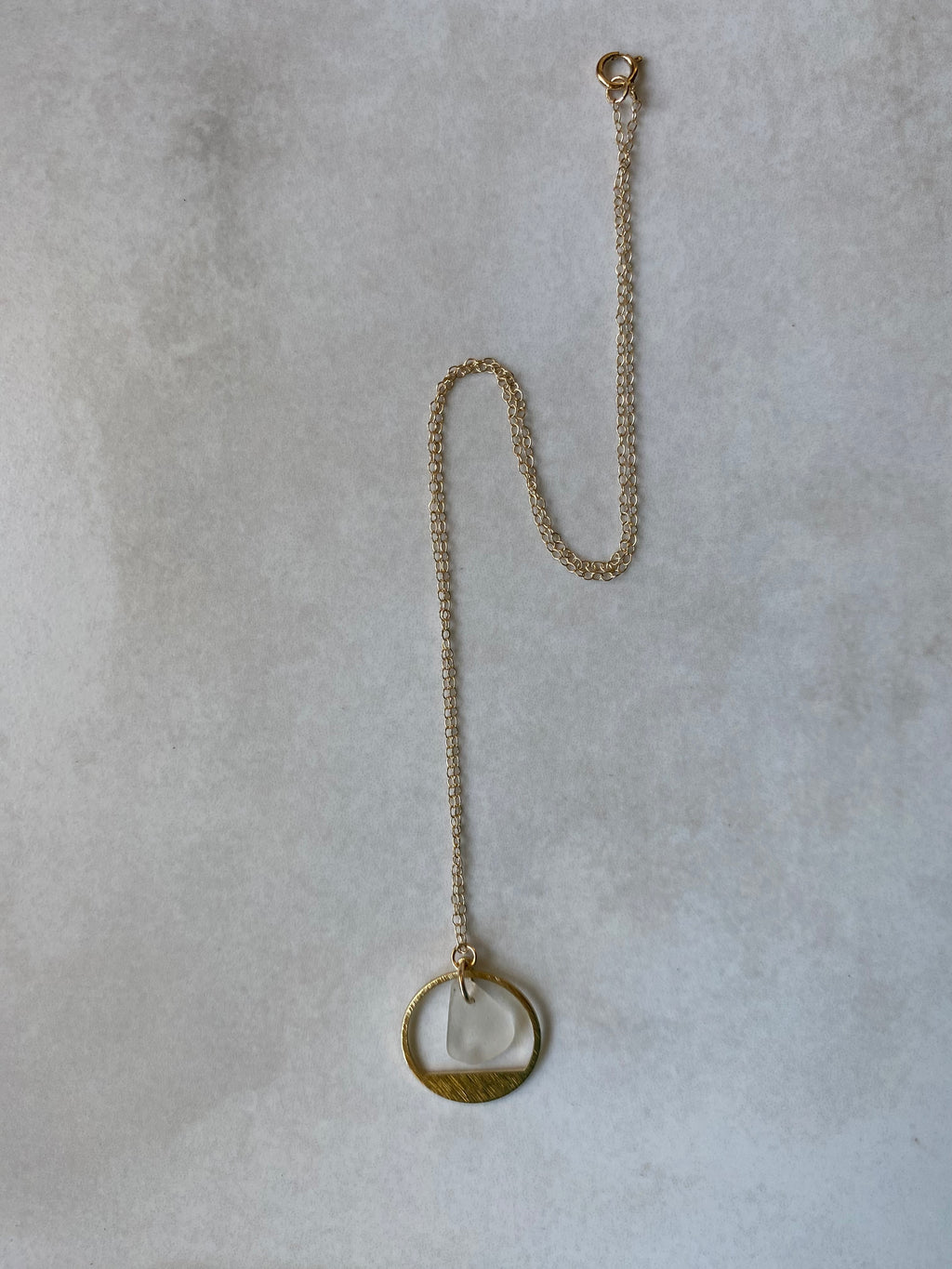 Joy sea glass necklace: Brass textured circle (white)