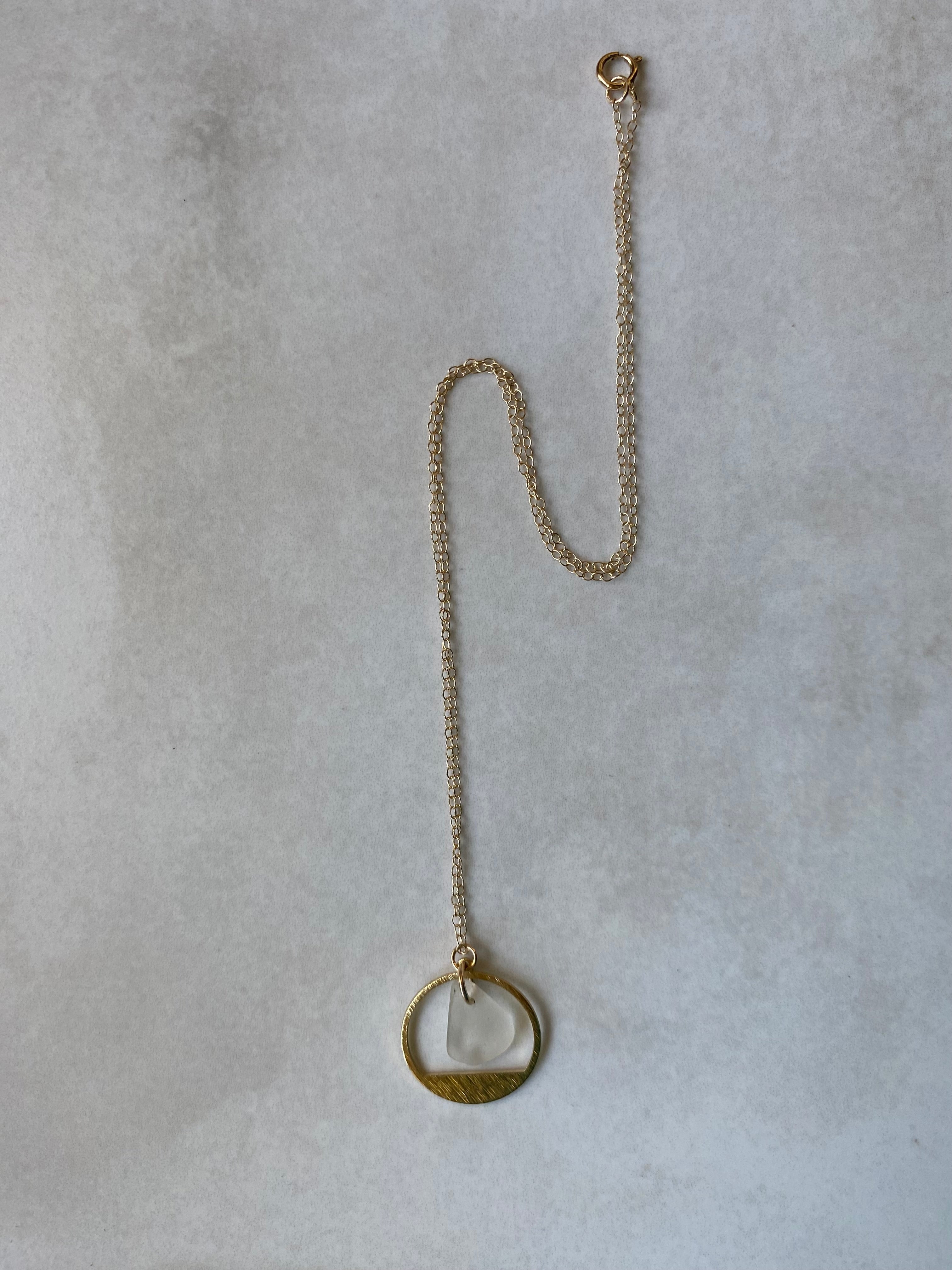 Joy sea glass necklace: Brass textured circle (white)