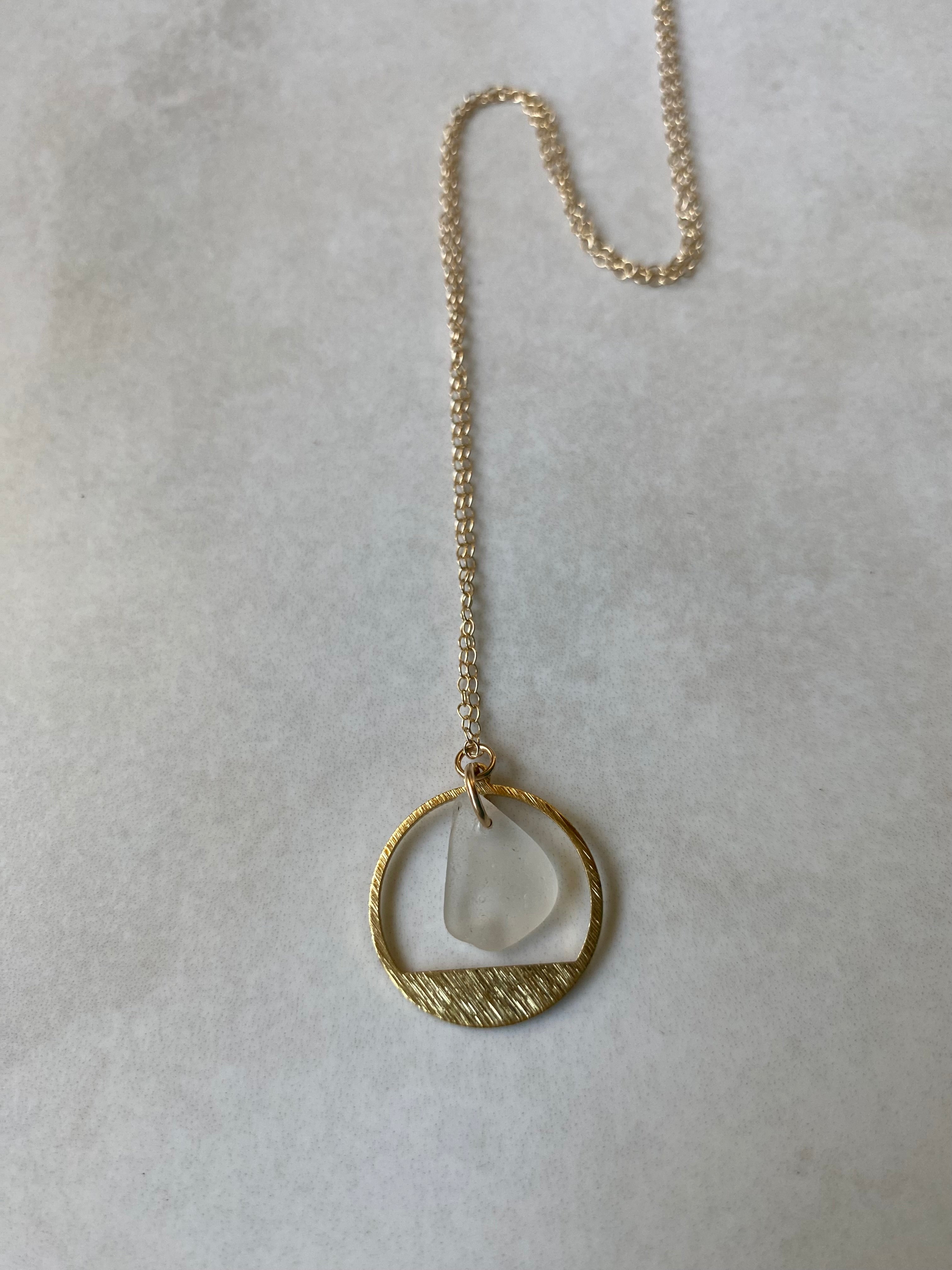 Joy sea glass necklace: Brass textured circle (white)