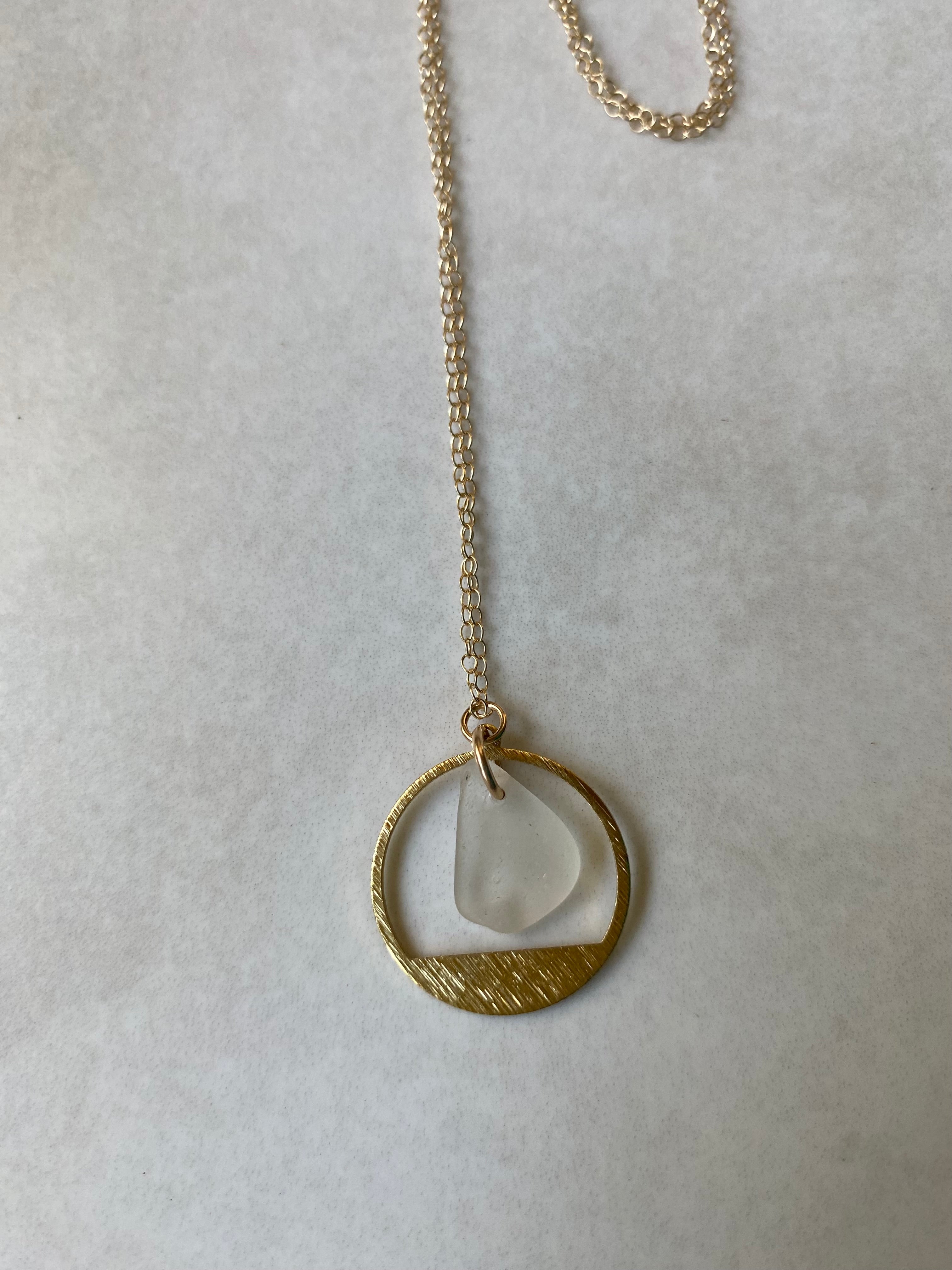Joy sea glass necklace: Brass textured circle (white)