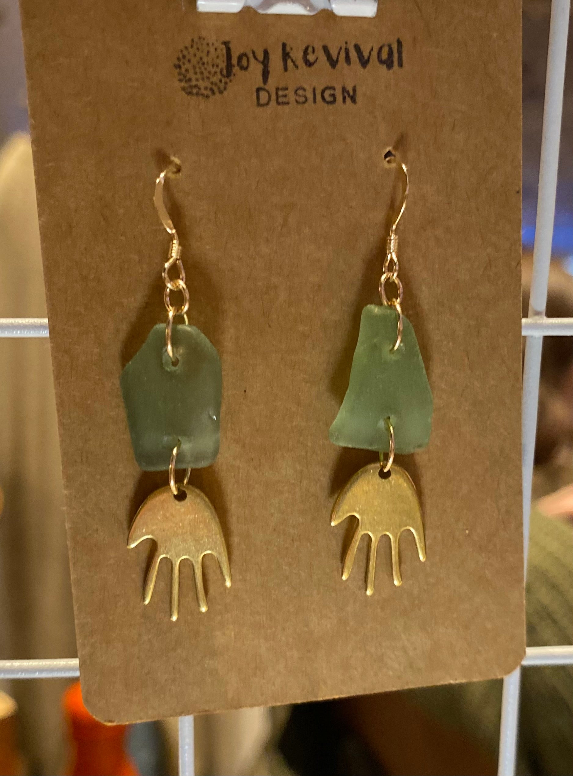 Joy Sea Glass Earrings - Brass Hands - green