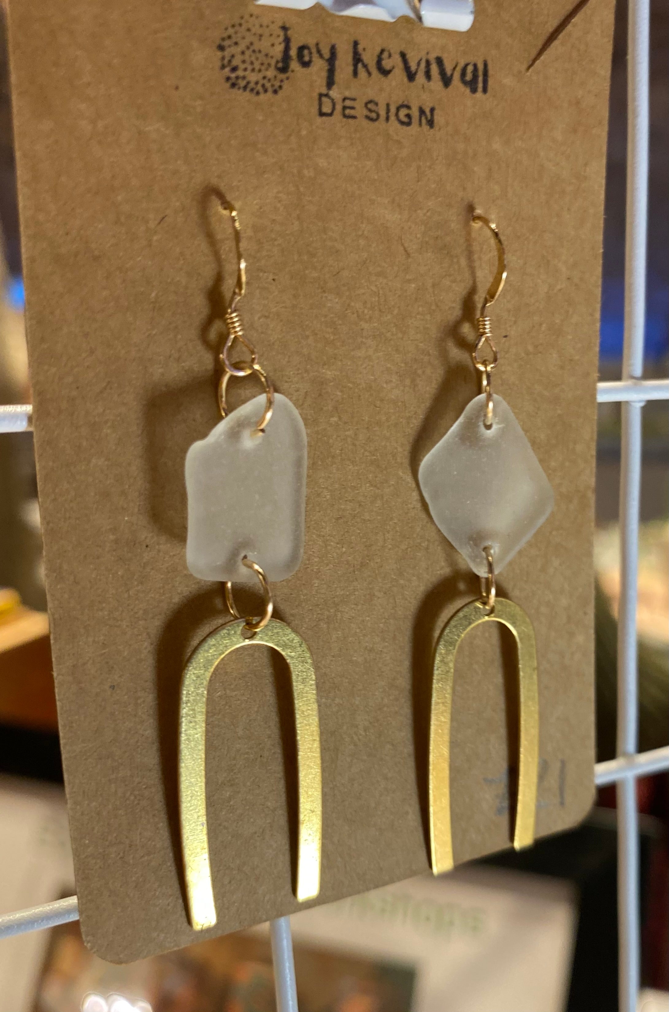 Joy Sea Glass Earrings - Brass Arches - white