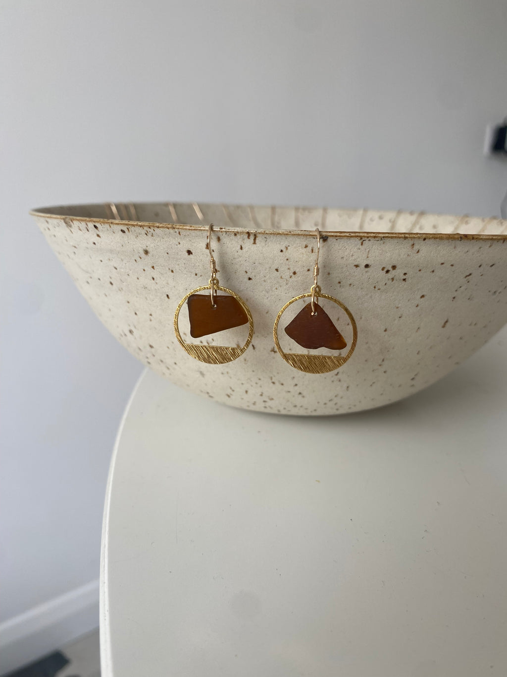 Joy Sea Glass Earrings: Brass textured circles- Bronze