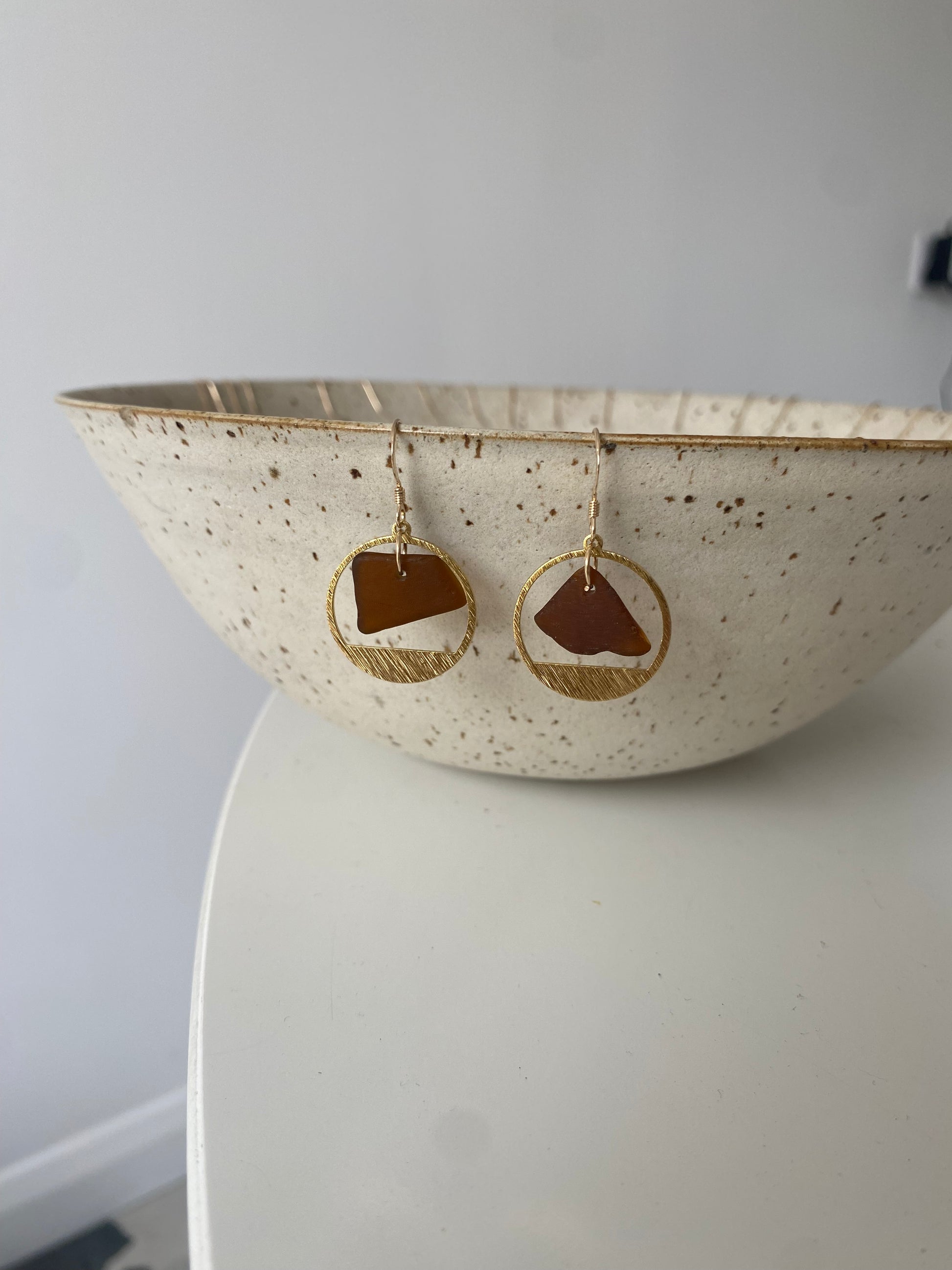Joy Sea Glass Earrings: Brass textured circles- Bronze