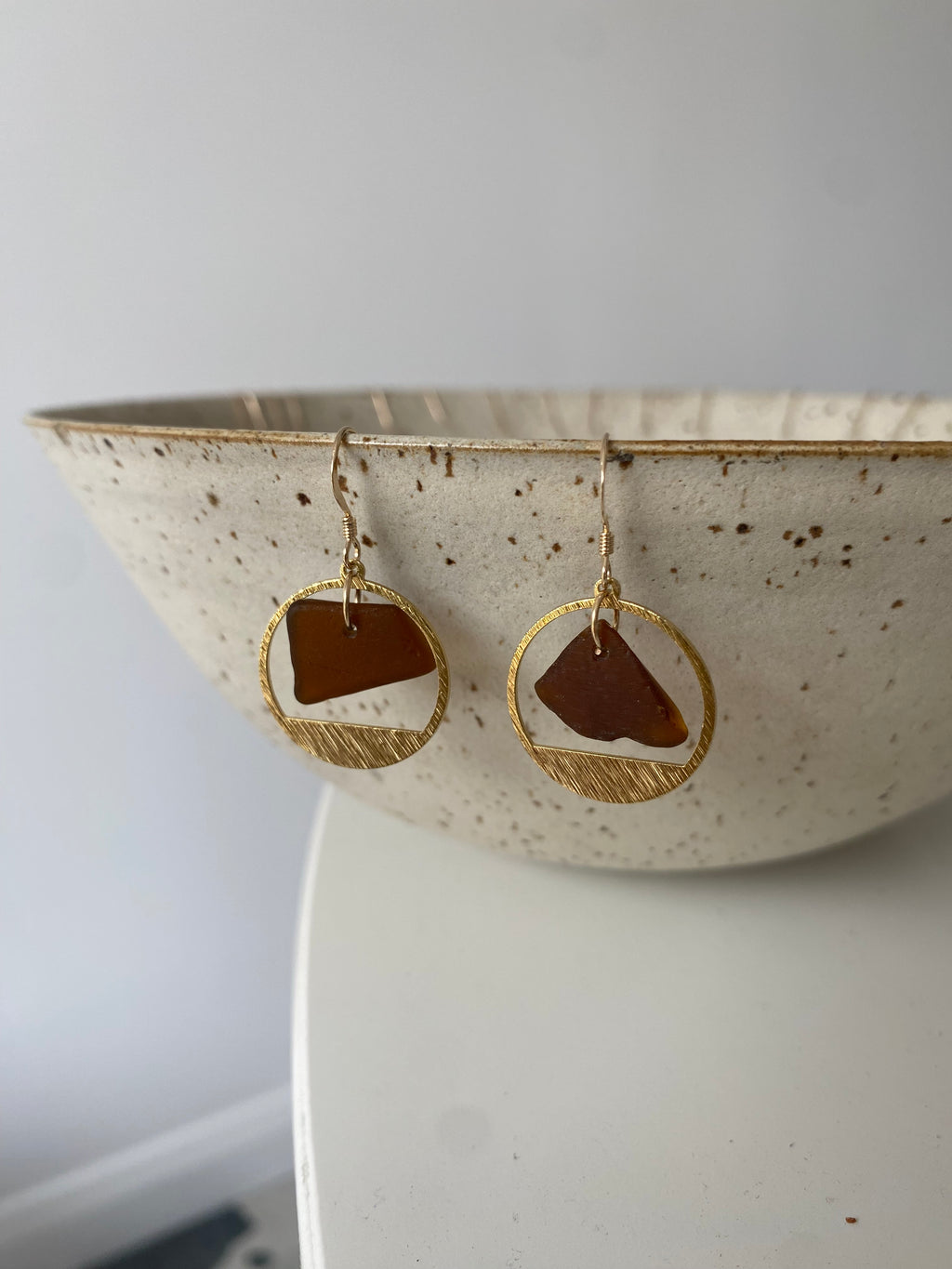 Joy Sea Glass Earrings: Brass textured circles- Bronze