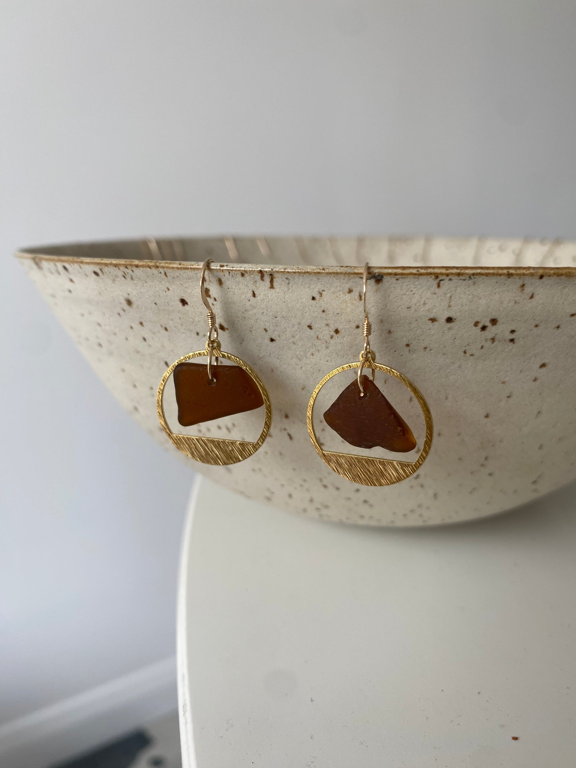 Joy Sea Glass Earrings: Brass textured circles- Bronze
