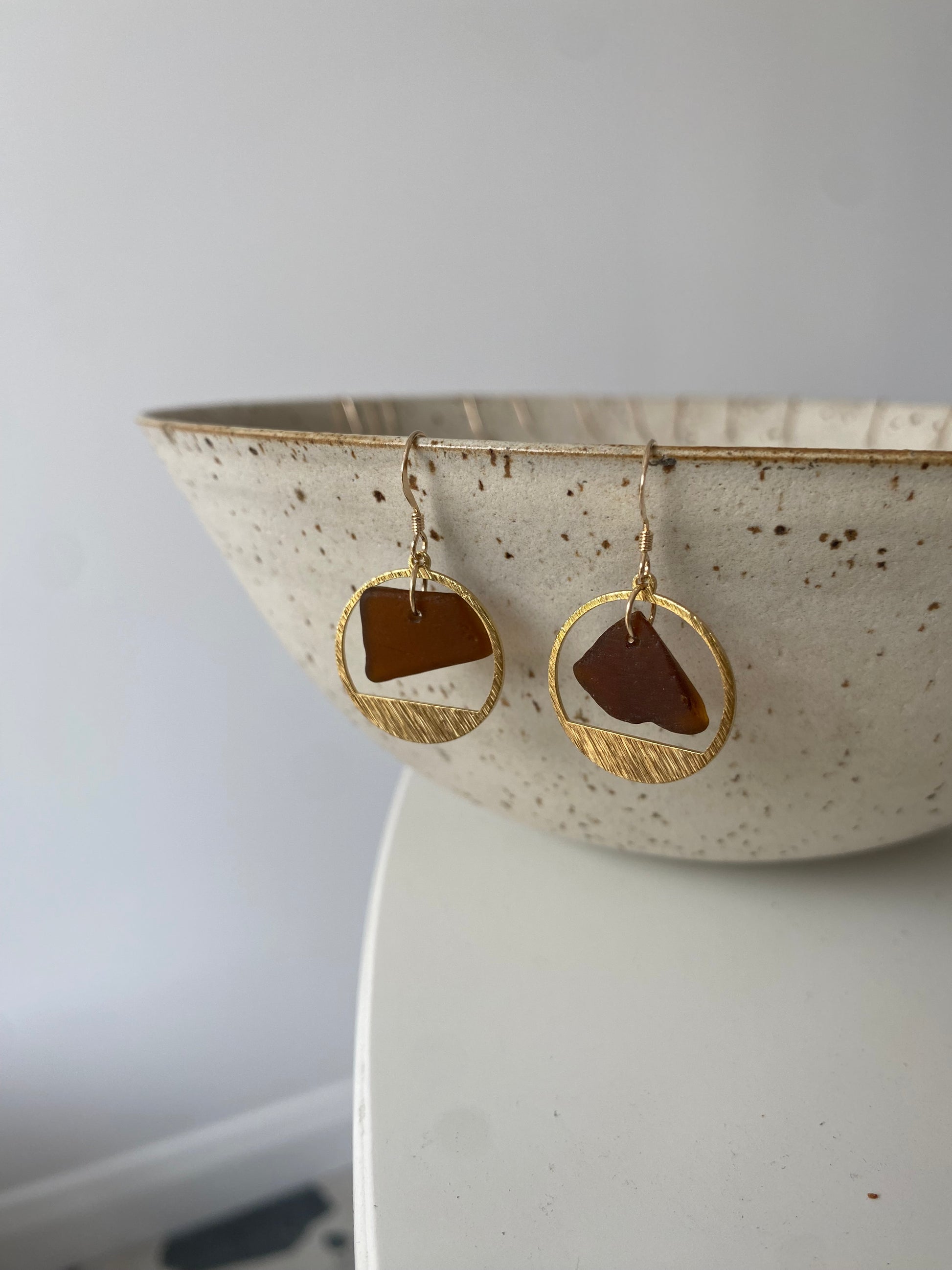 Joy Sea Glass Earrings: Brass textured circles- Bronze