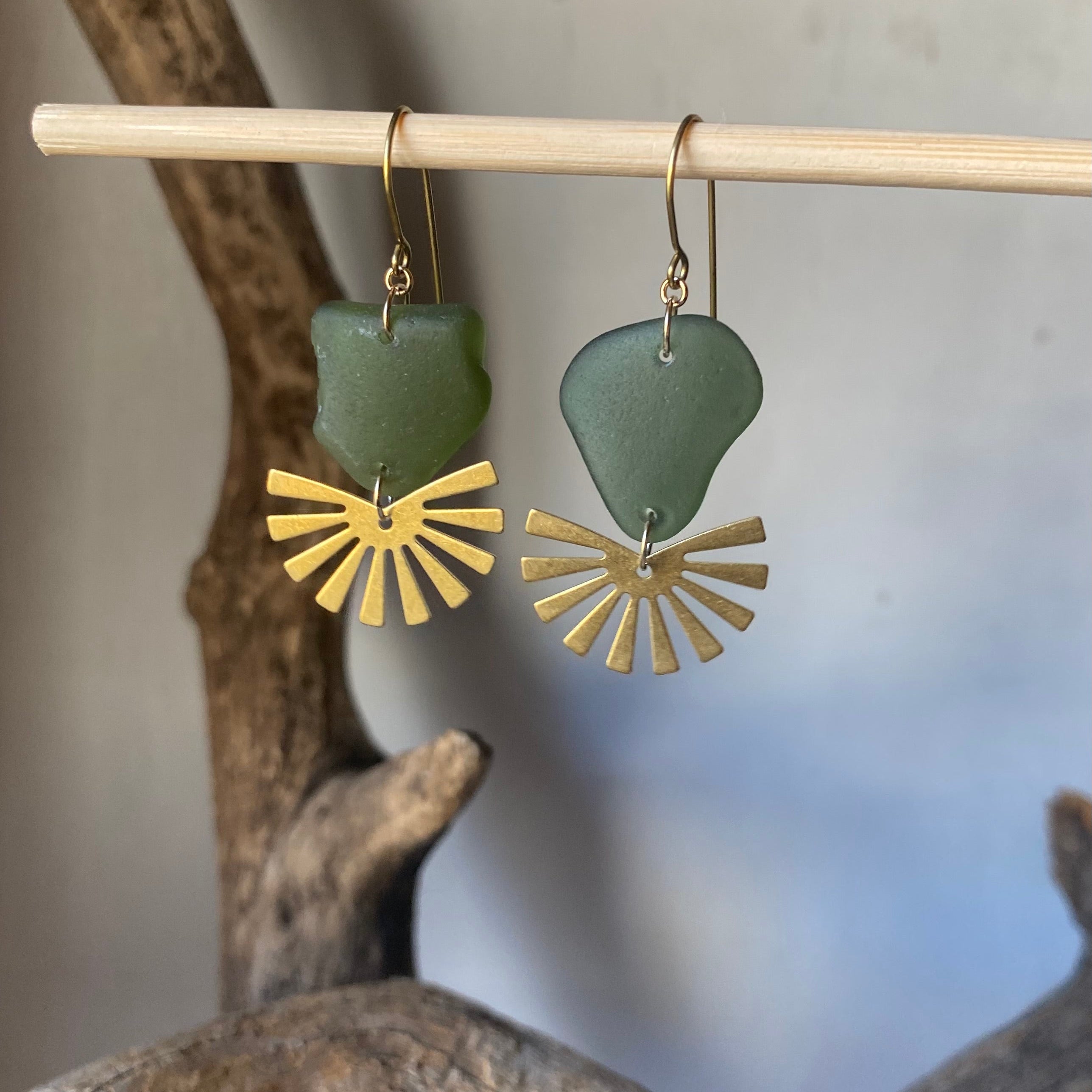 Joy Sea Glass Earrings - Brass sunburst - dark green