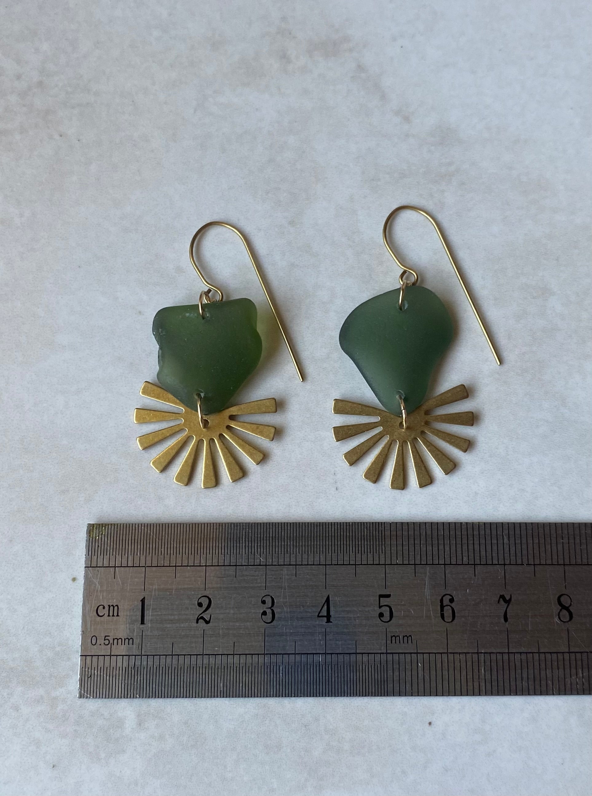 Joy Sea Glass Earrings - Brass sunburst - dark green