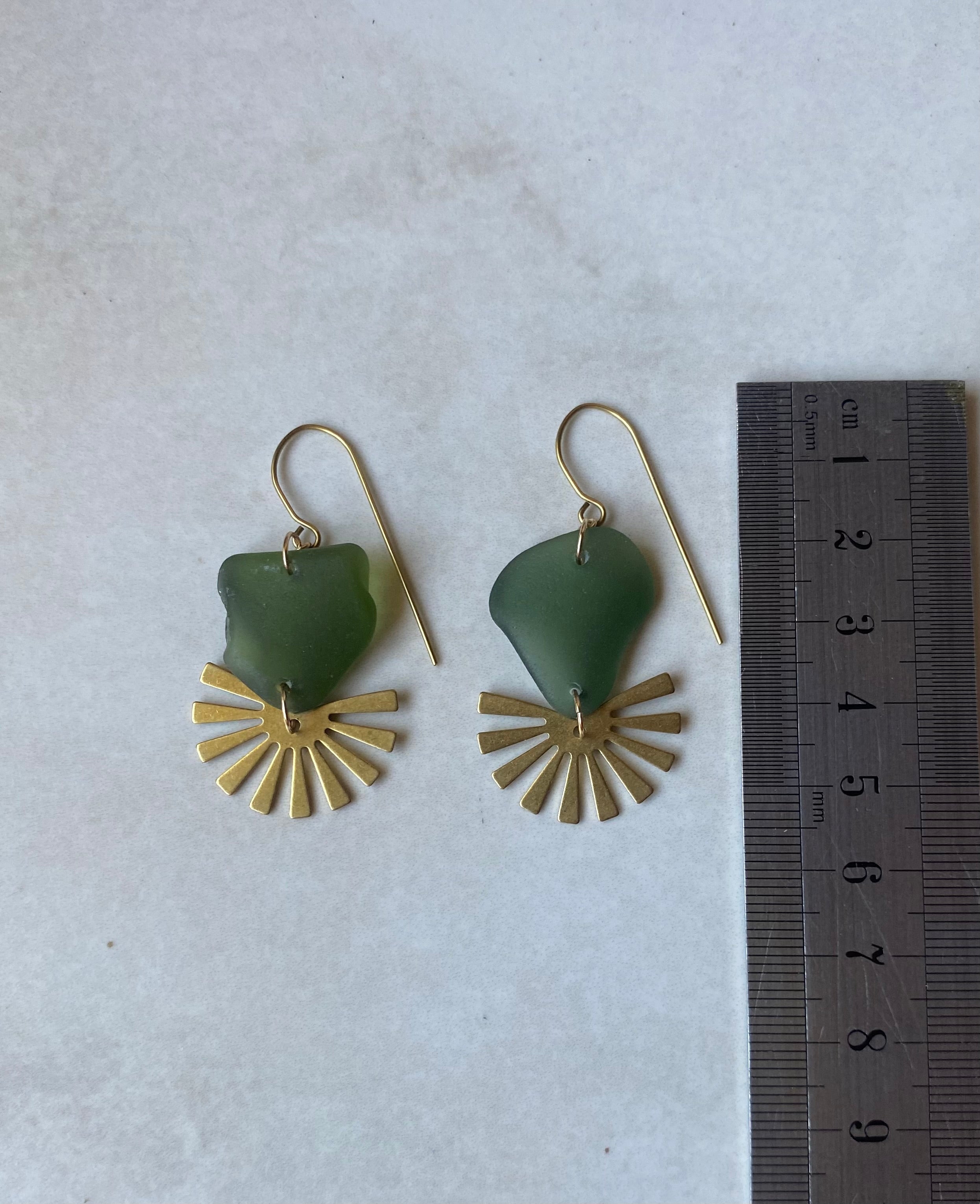 Joy Sea Glass Earrings - Brass sunburst - dark green