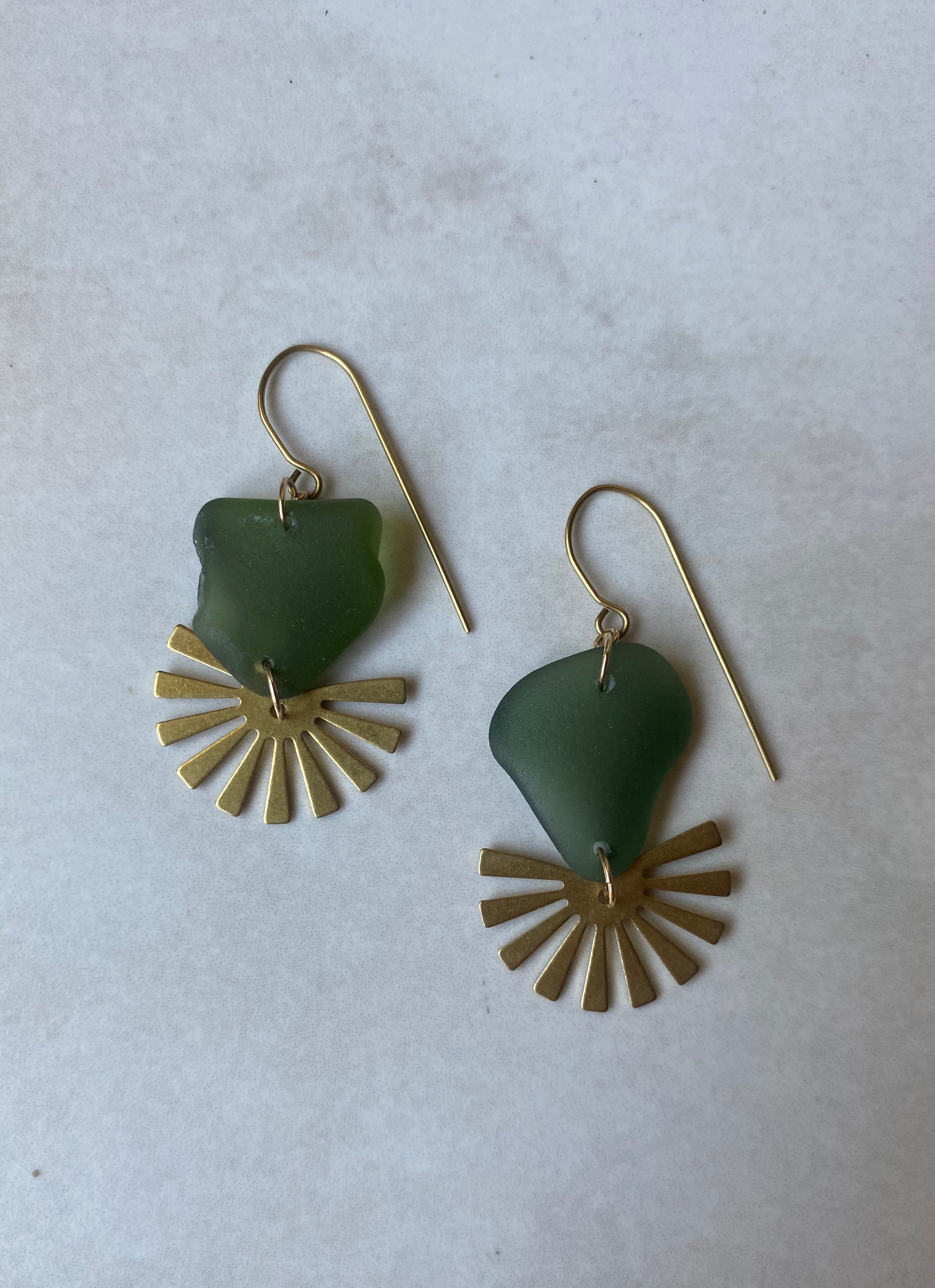 Joy Sea Glass Earrings - Brass sunburst - dark green