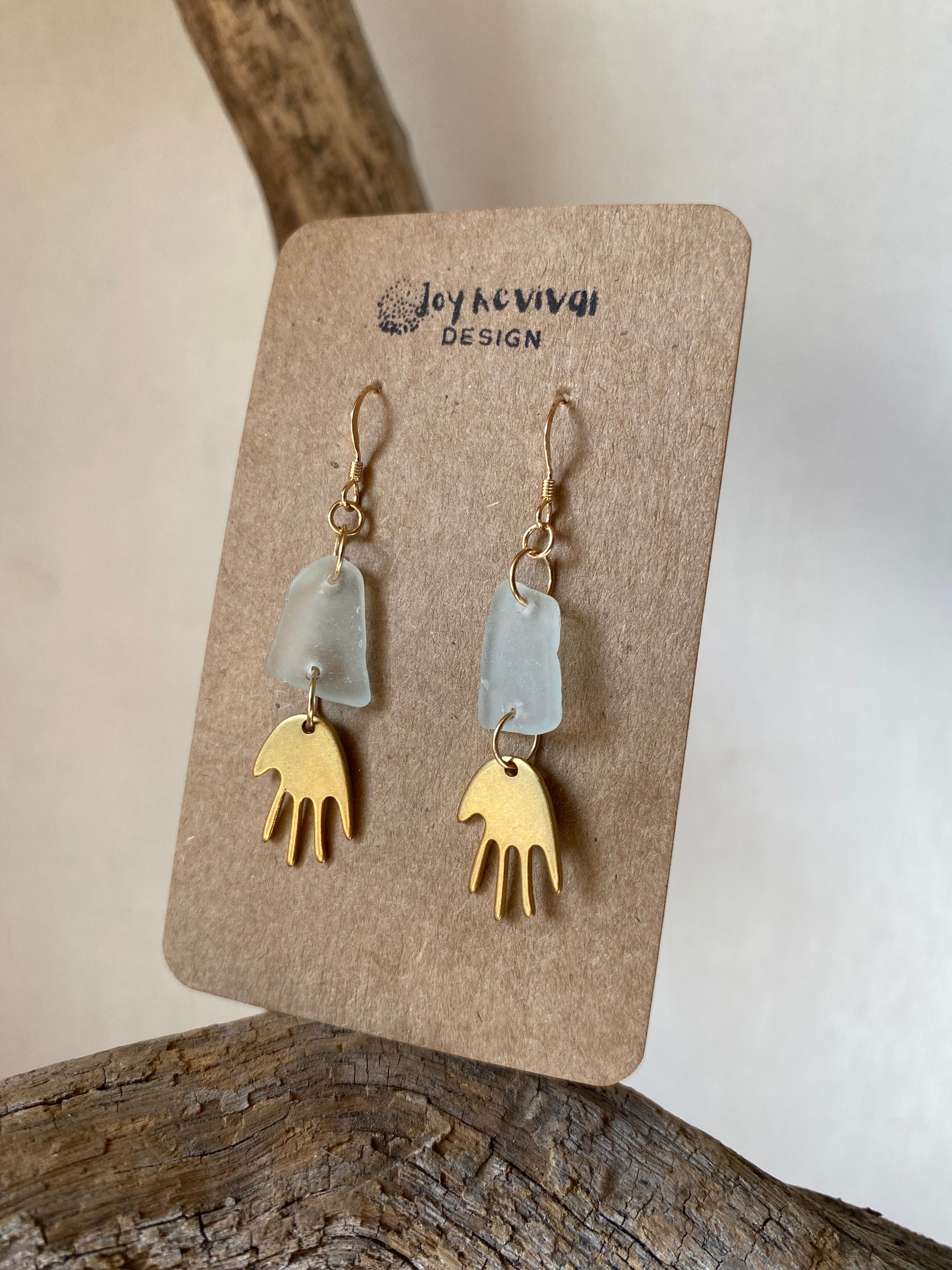 Joy Sea Glass Earrings : Brass Hands - Aqua sea glass