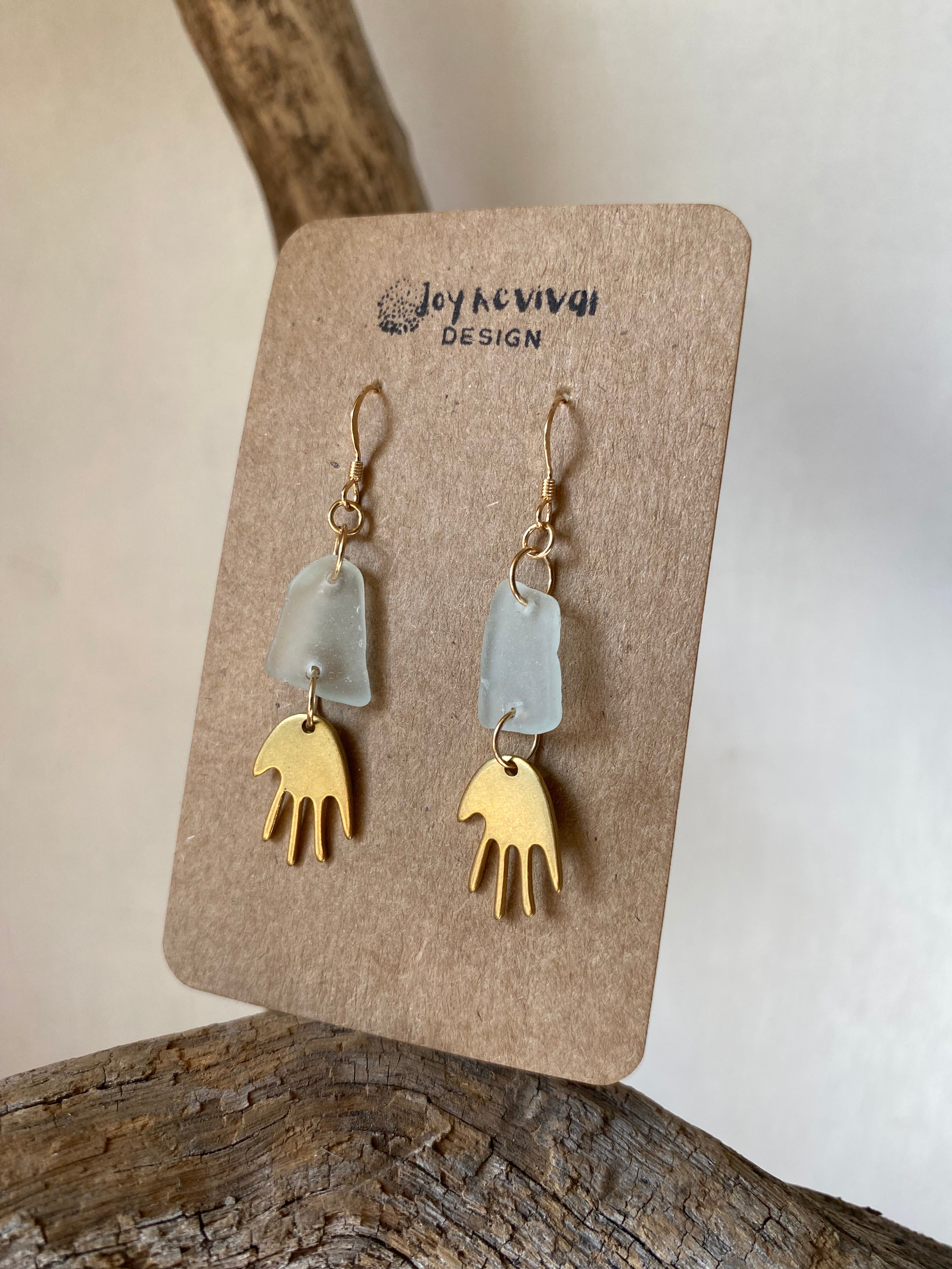 Joy Sea Glass Earrings : Brass Hands - Aqua sea glass