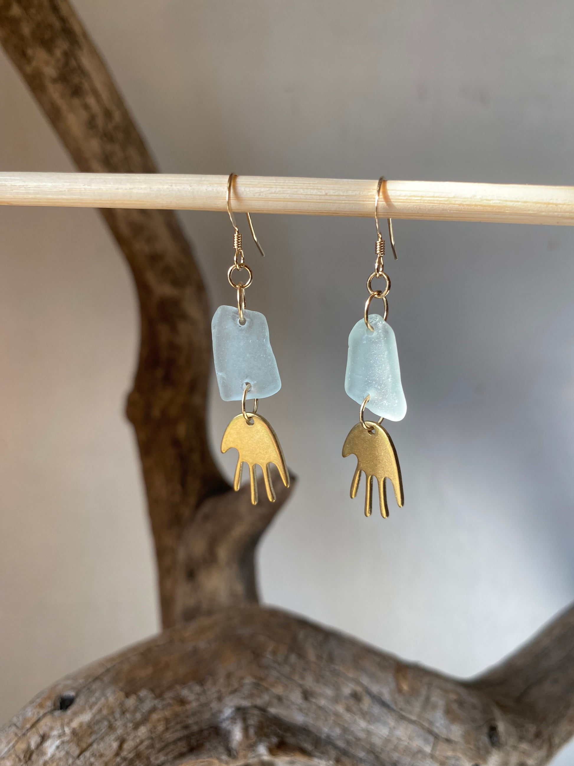 Joy Sea Glass Earrings : Brass Hands - Aqua sea glass