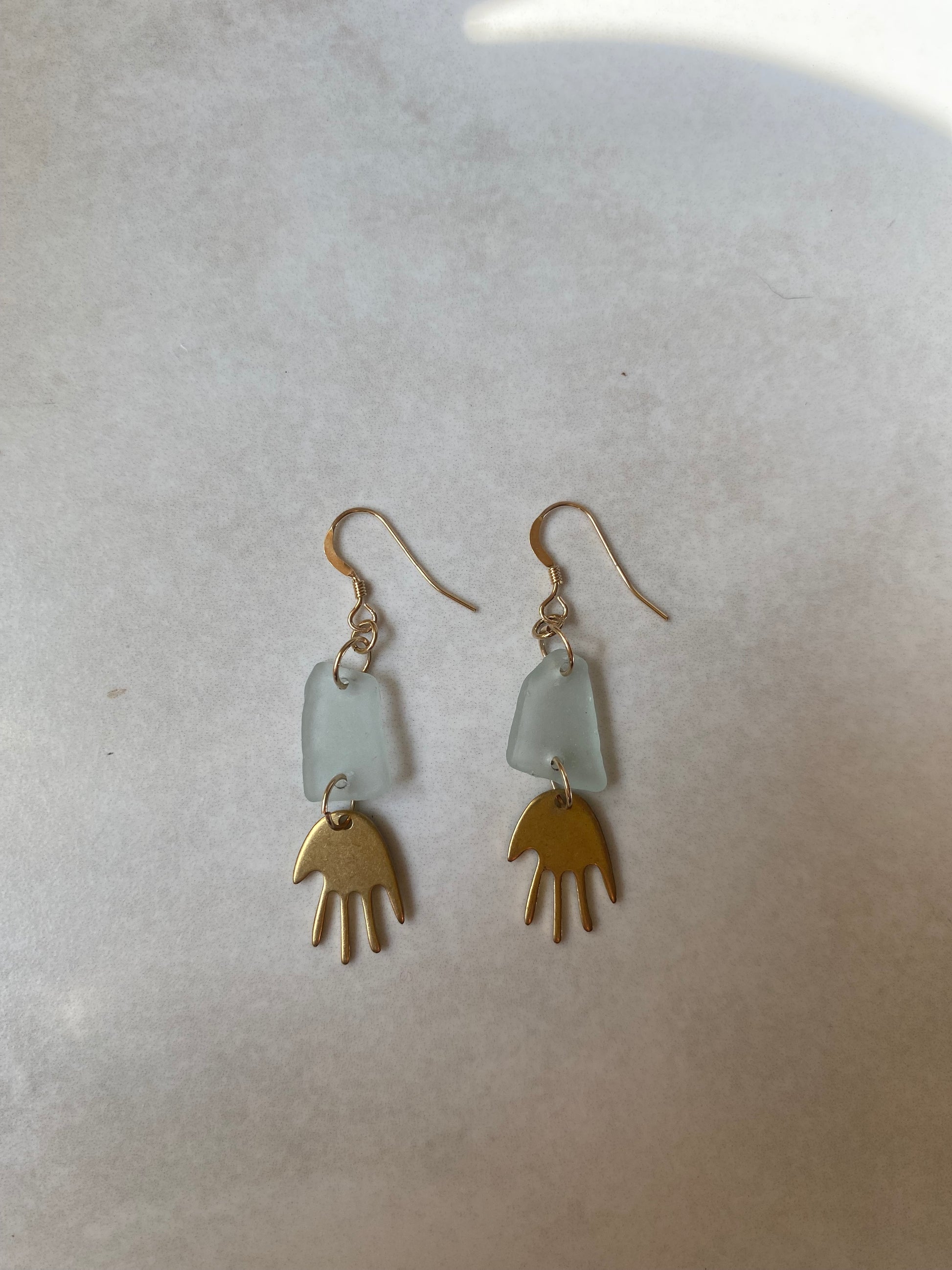 Joy Sea Glass Earrings : Brass Hands - Aqua sea glass