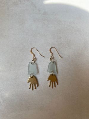 Joy Sea Glass Earrings : Brass Hands - Aqua sea glass