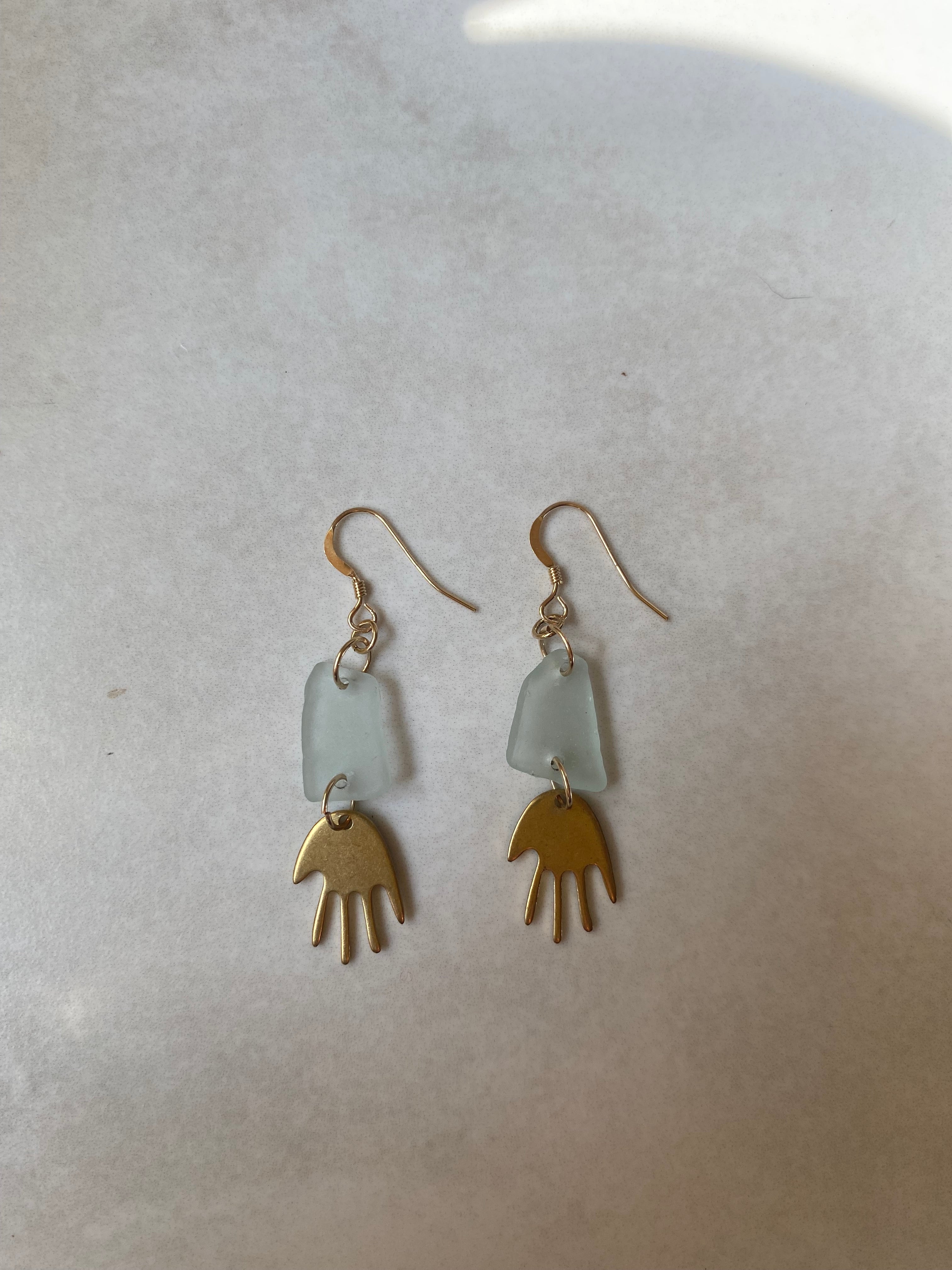 Joy Sea Glass Earrings : Brass Hands - Aqua sea glass