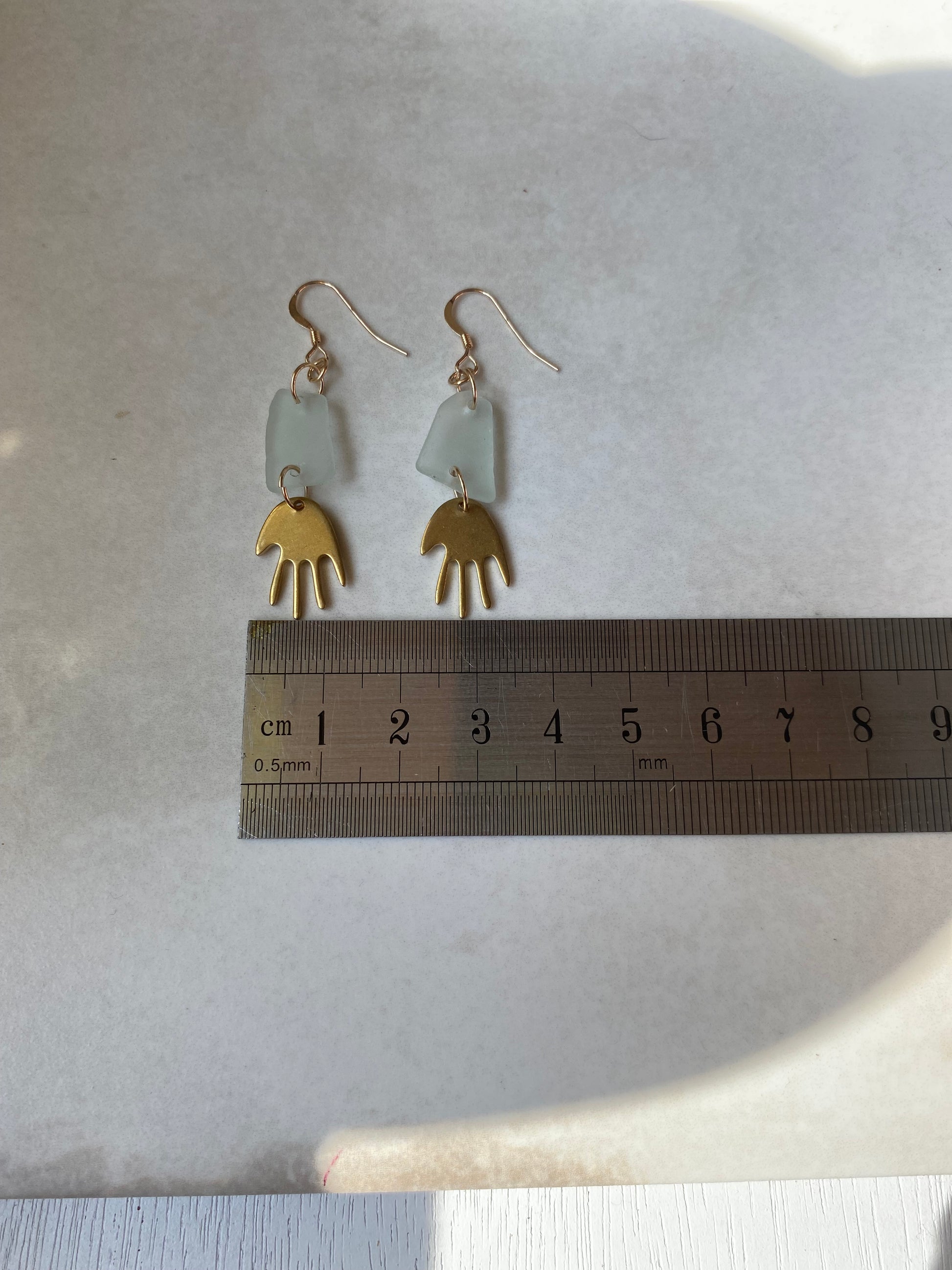Joy Sea Glass Earrings : Brass Hands - Aqua sea glass